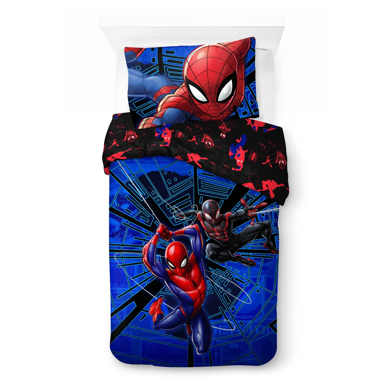 Luxurious Quilted Spiderman Techno City Kids 2 Piece Blue Reversible Comforter and Pillowcase Set, Twin/Full - Hypoallergenic Ultra-Fluffy Quilt for Winter Detail