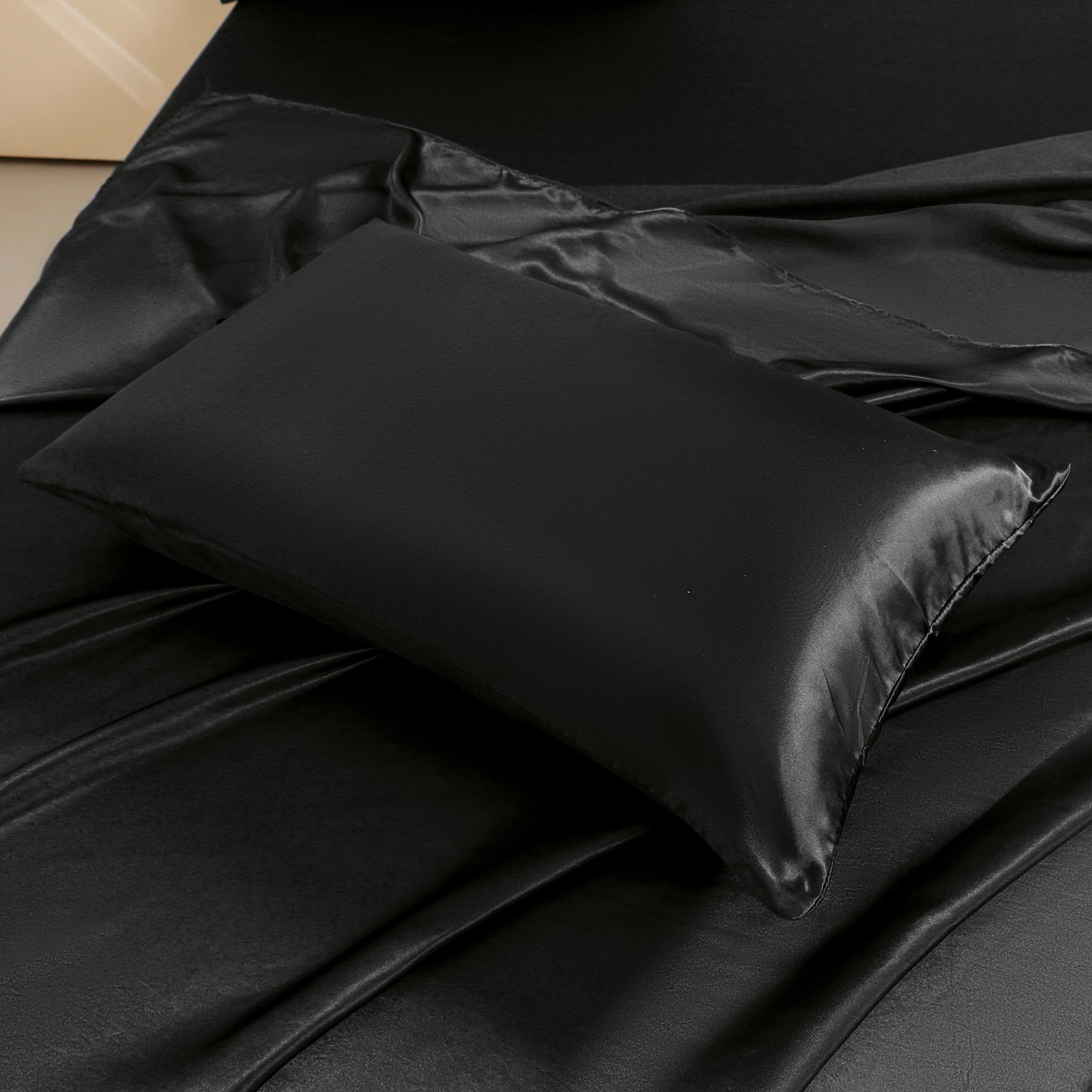 Breathable Luxury 4Pcs Black Satin Sheets Queen Set Silk Sheets 13" Deep Pocket Ultra Soft silky Bed Sheet Set - Luxury Bed Sheet Set with Deep Pockets Detail