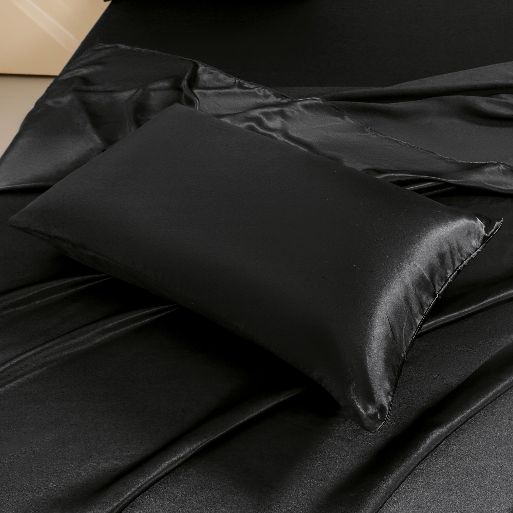 Breathable Luxury 4Pcs Black Satin Sheets Queen Set Silk Sheets 13" Deep Pocket Ultra Soft silky Bed Sheet Set - Luxury Bed Sheet Set with Deep Pockets Detail