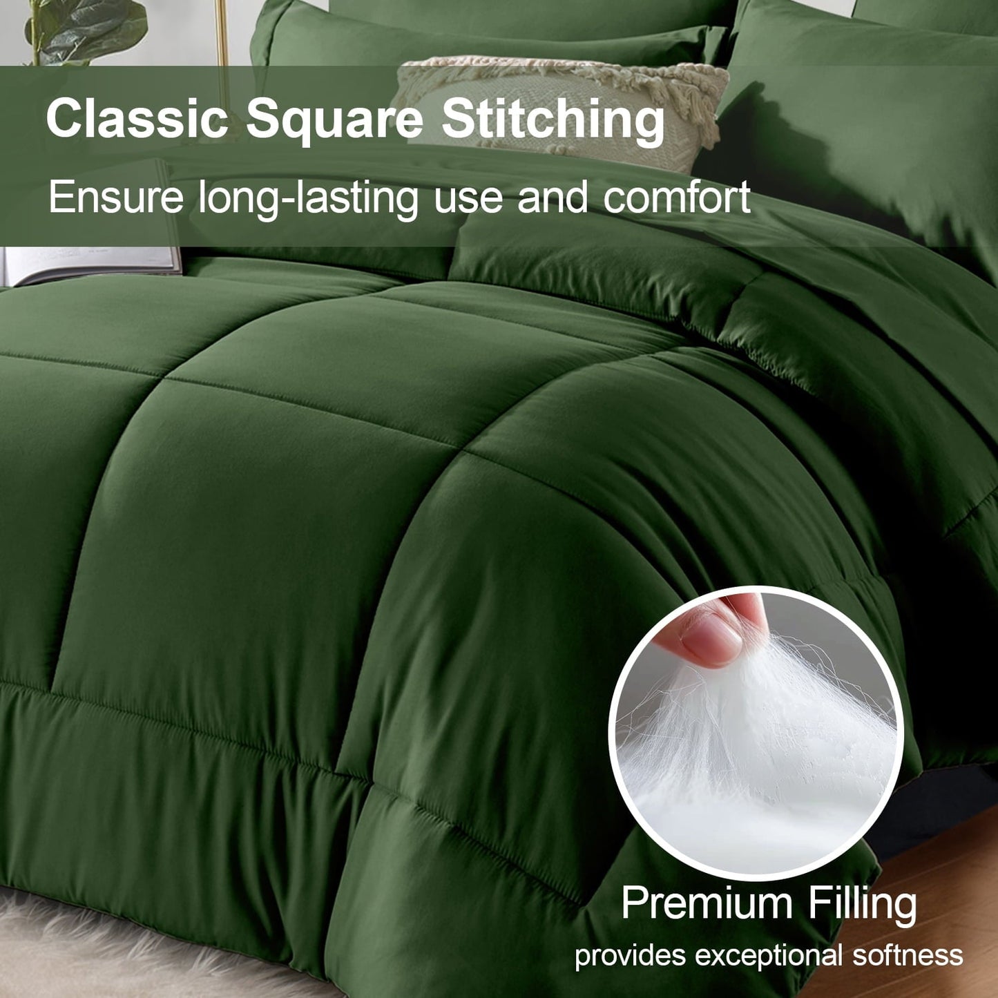 Fluffy Down Alternative Queen Comforter Set Forest Green Bed in a Bag Queen Size 7 Pieces Soft Bed Set Lightweight Microfiber Green Bedding C... - Hypoallergenic Ultra-Fluffy Quilt for Winter Detail