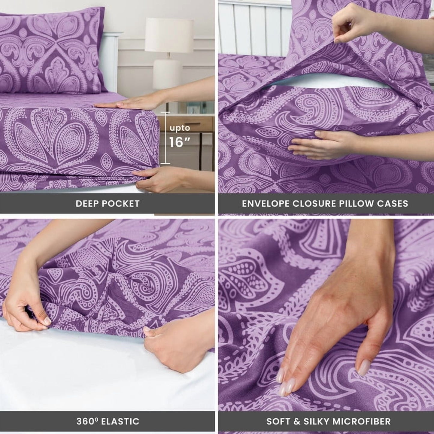 Premium Egyptian Cotton Paisley Printed Queen Bed Sheets Set, Microfiber 6 Piece Bedding Set - Purple - Premium Ultra-Soft Pillowcase Pair for Sleeping Detail