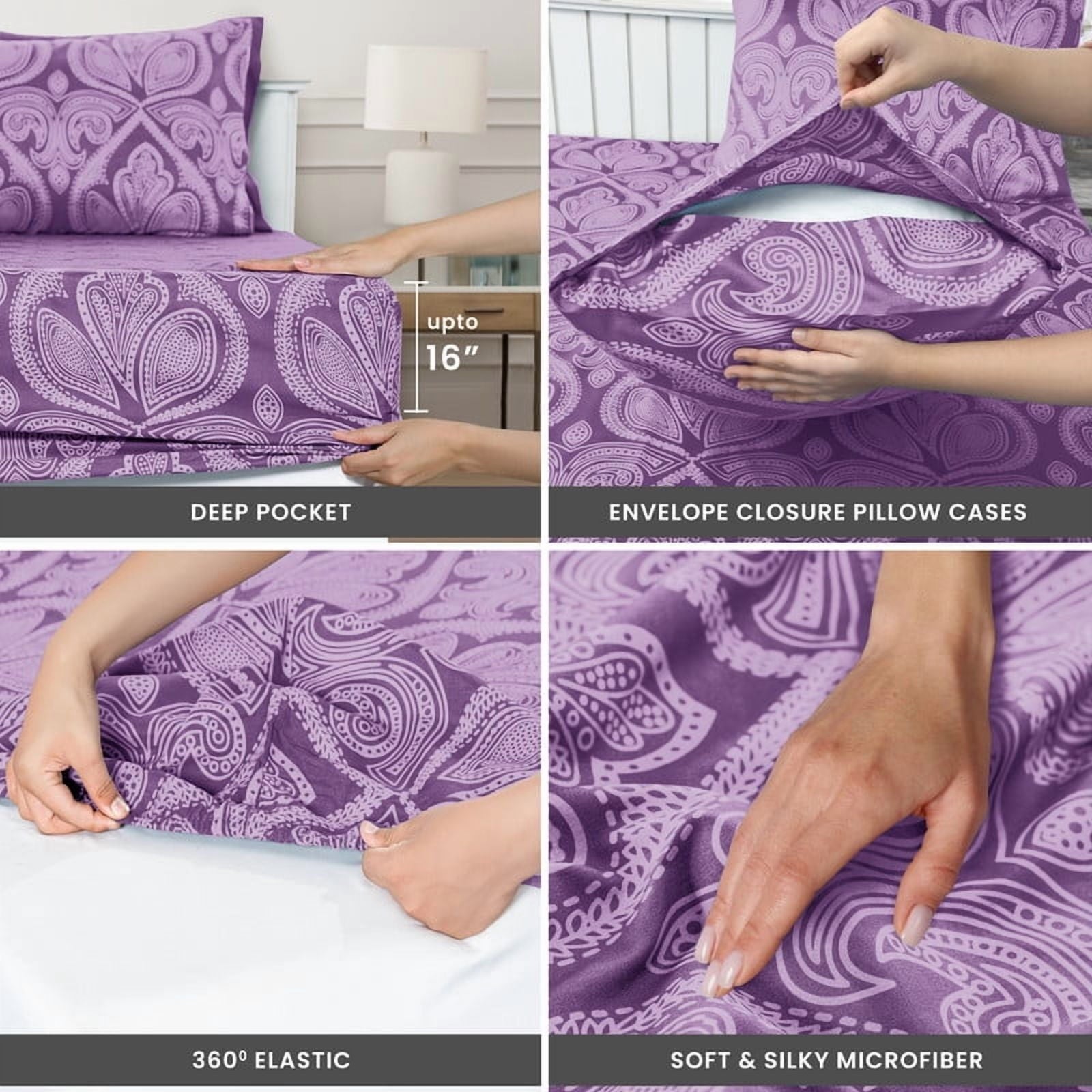 Premium Egyptian Cotton Paisley Printed Queen Bed Sheets Set, Microfiber 6 Piece Bedding Set - Purple - Premium Ultra-Soft Pillowcase Pair for Sleeping Detail