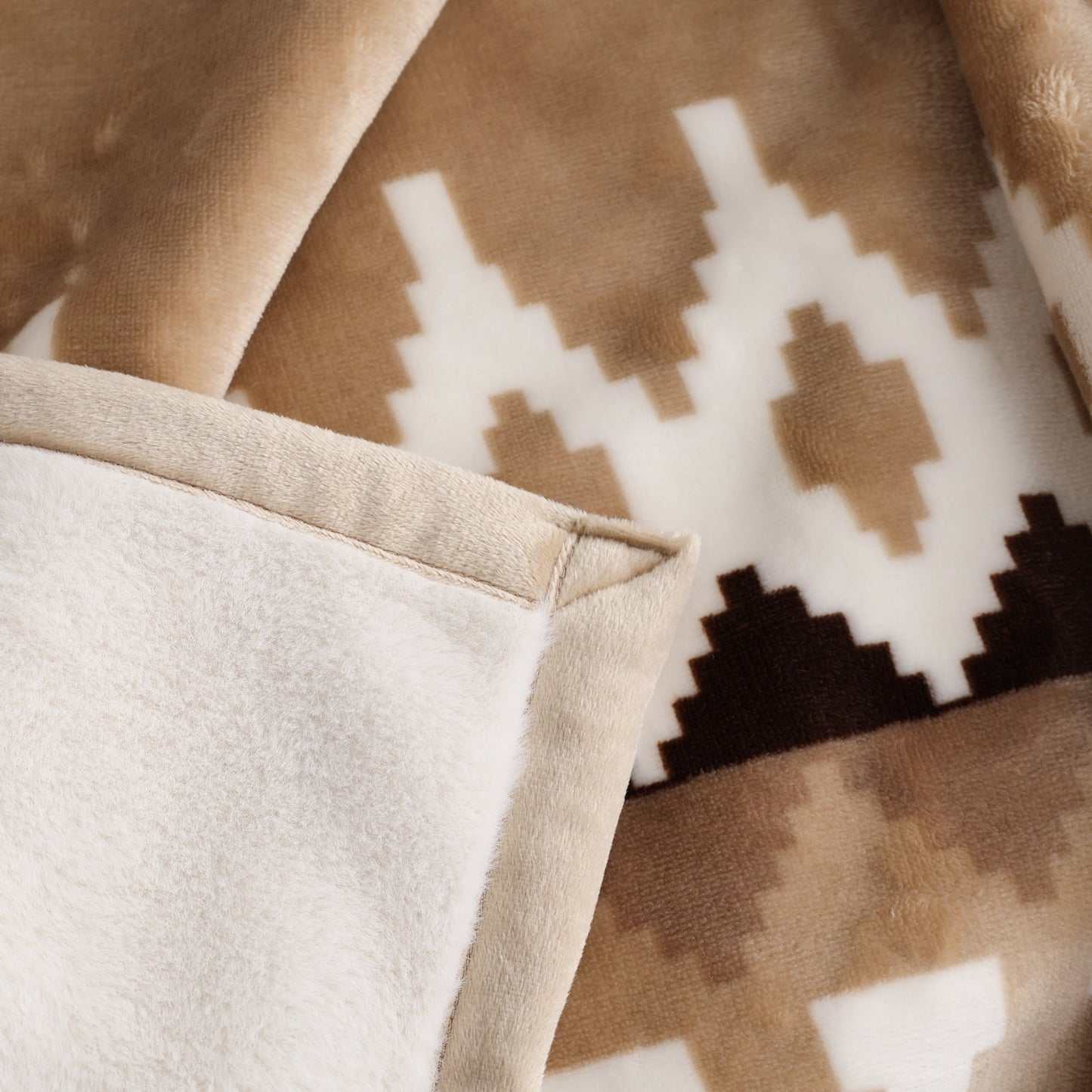 Cozy Fleece Printed Velvet Plush Reverse to Faux Fur Super Soft Throw Blanket, Oversized, Linder Border Beige - Super Soft Reversible Sherpa Flannel Blanket Detail