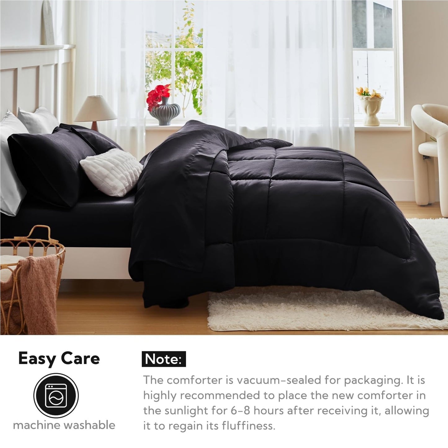 Luxurious Quilted Reversible Satin Microfiber Comforter 3 Pieces Queen Size, Black Queen Comforter Set for All Seasons, Silky Soft Sati... - Luxurious Quilted Duvet Cover Set Detail