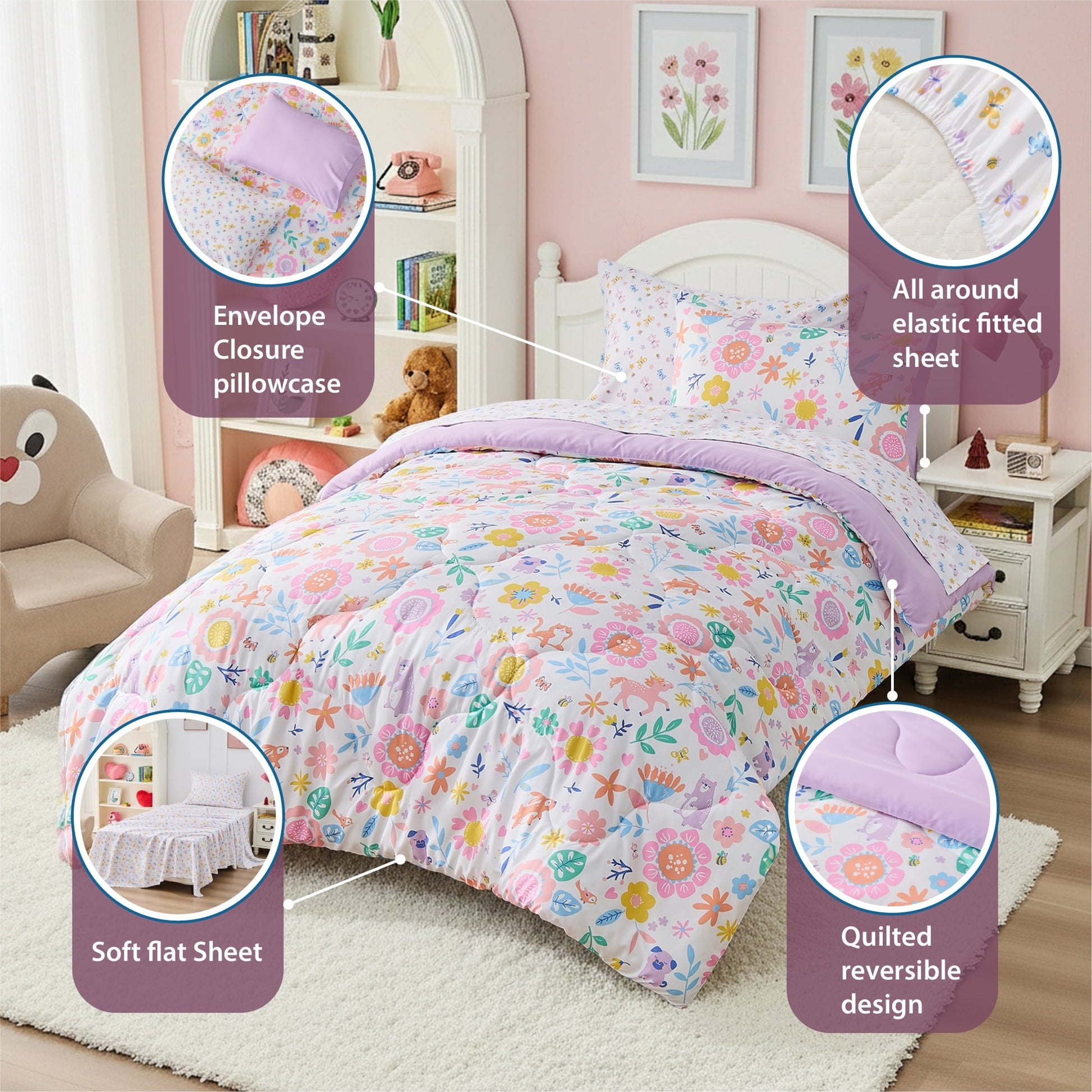 Heavyweight Warmth Floral Comforter Set, Soft Microfiber Flower Bedding Set, 5 Pieces with Comforter, Sheets and Pillowcases, Twin - Luxurious Quilted Duvet Cover Set Detail