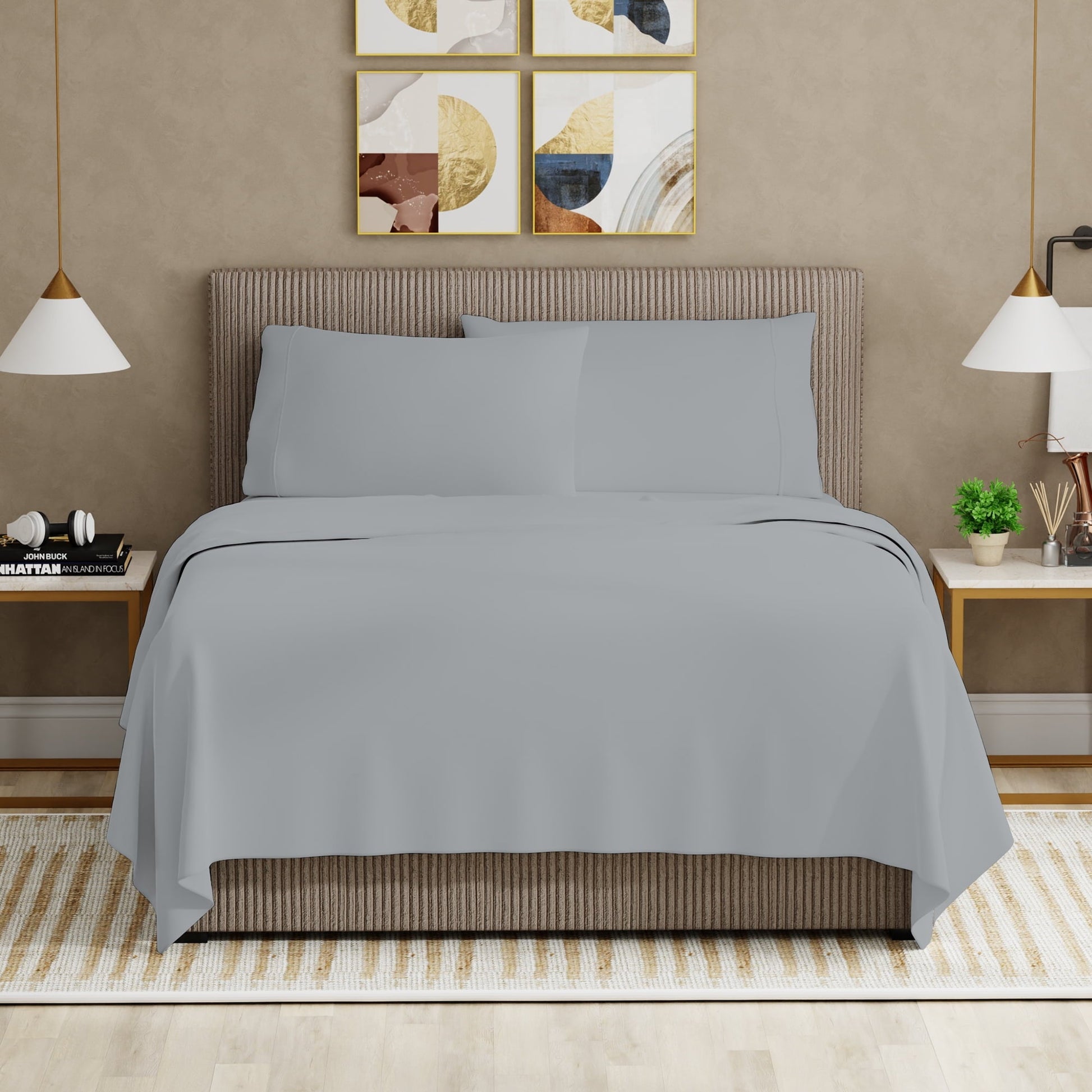 Ultra-Soft Soft Finish Microfiber Percale Queen Bed Sheet Set – 4-Piece Lightweight, Wrinkle-Resistant, Quick-Dry, Light Gray - Cooling Hotel Quality Bedding Sheets and Pillowcases Detail