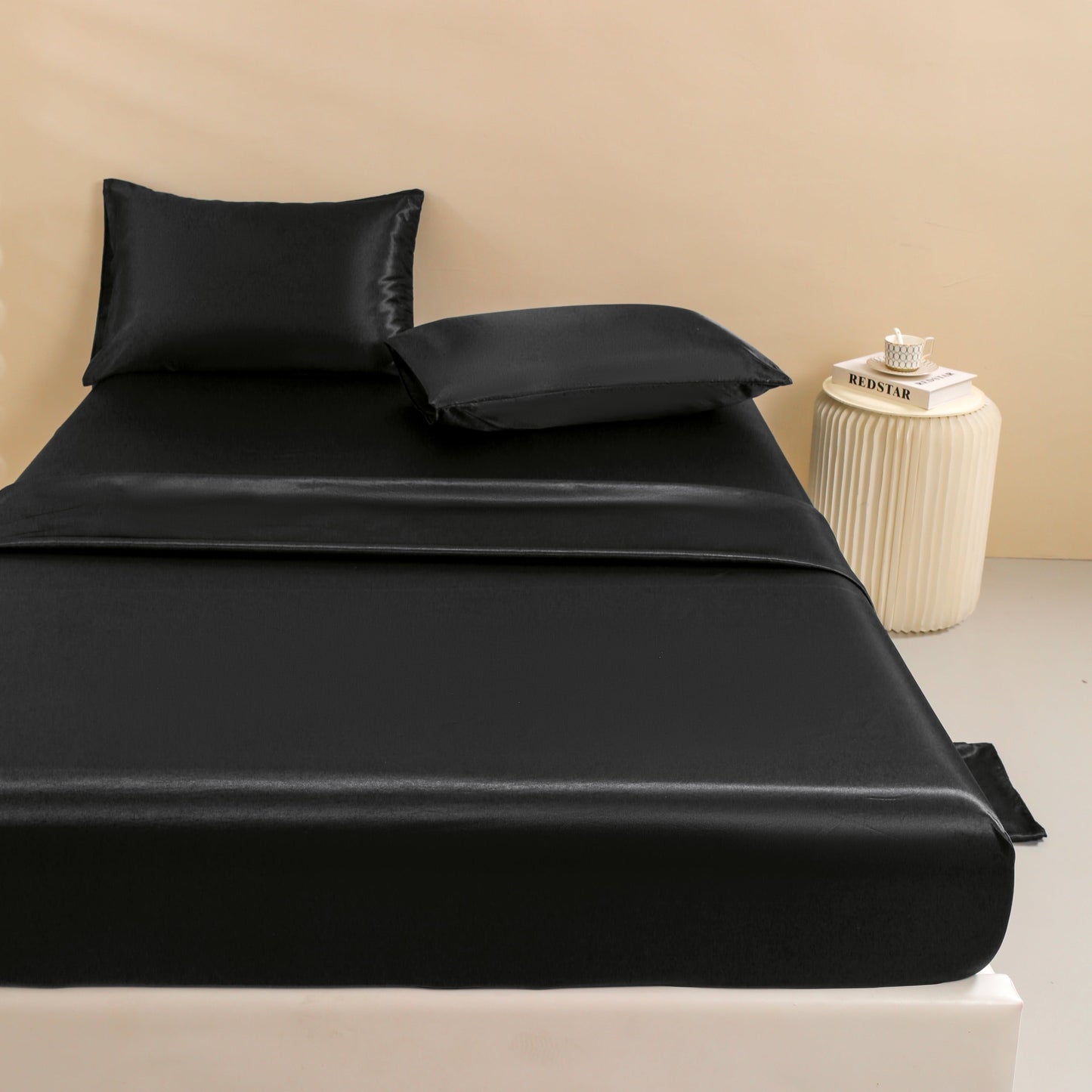 Breathable Luxury 4Pcs Black Satin Sheets Queen Set Silk Sheets 13" Deep Pocket Ultra Soft silky Bed Sheet Set - Luxury Bed Sheet Set with Deep Pockets Detail