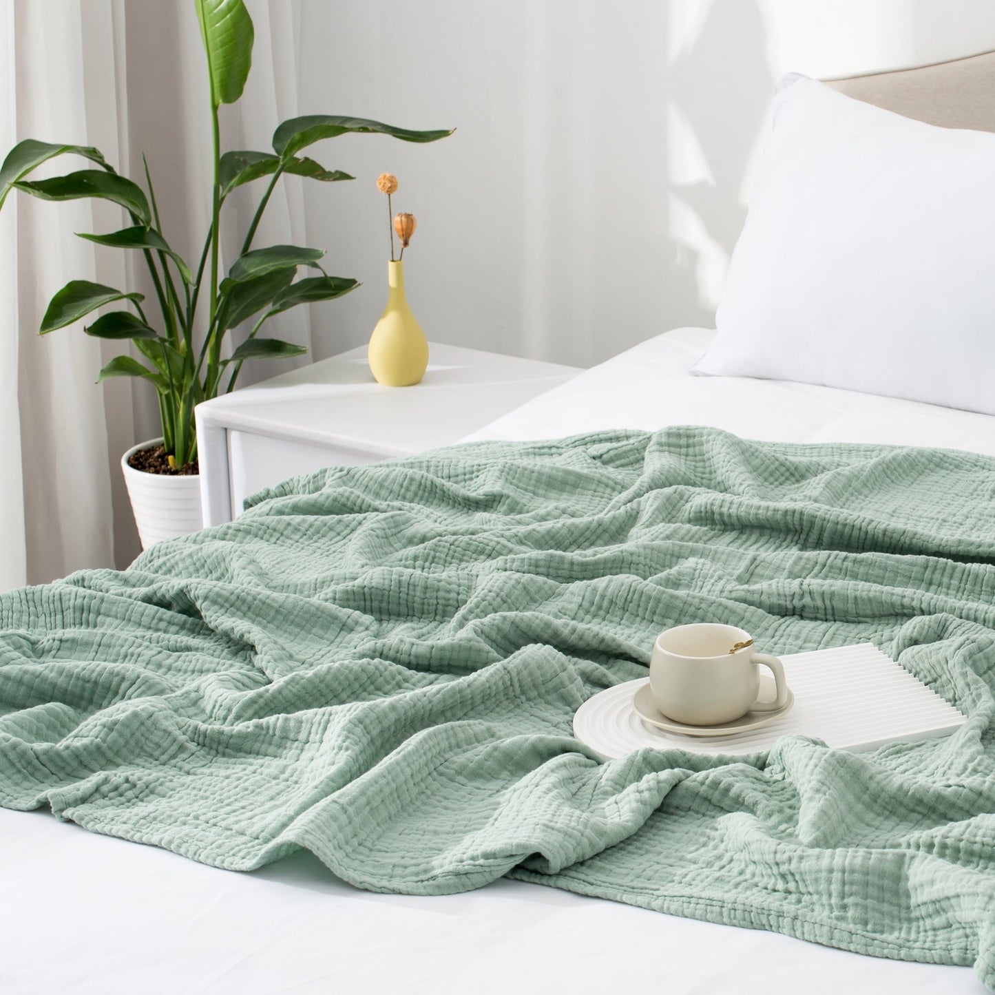 Decorative Knitted 100% Cotton Muslin Throw Blanket Gauze Blankets for Adults Soft Throws for Bed and Couch, 50" x 70" Sage Green - Lightweight Plush Warm Blanket for All Seasons Detail