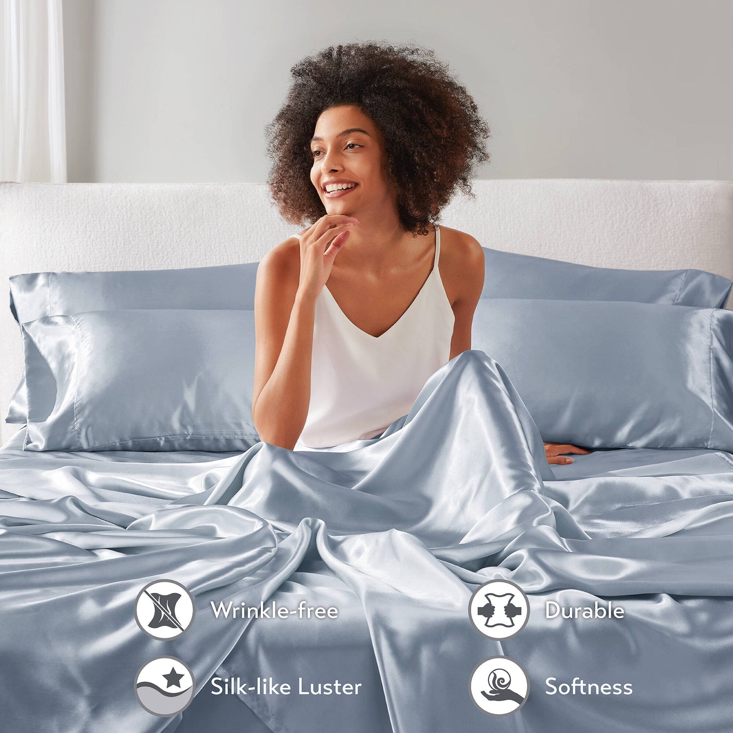 Cooling Sateen Satin Sheet Set, Twin Bed Sheets with Pillowcases, 4-Piece Luxury Silky Sheet Set, Blue, Gifts for Women - Luxury Bed Sheet Set with Deep Pockets Detail