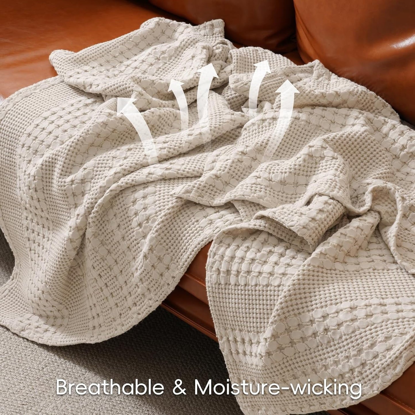 Cozy Fleece 100% Cotton Waffle Weave Blanket, Lightweight Throw Washed Blanket for Bed Sofa Home Decor, Oatmeal, 50"x60" - Super Soft Reversible Sherpa Flannel Blanket Detail