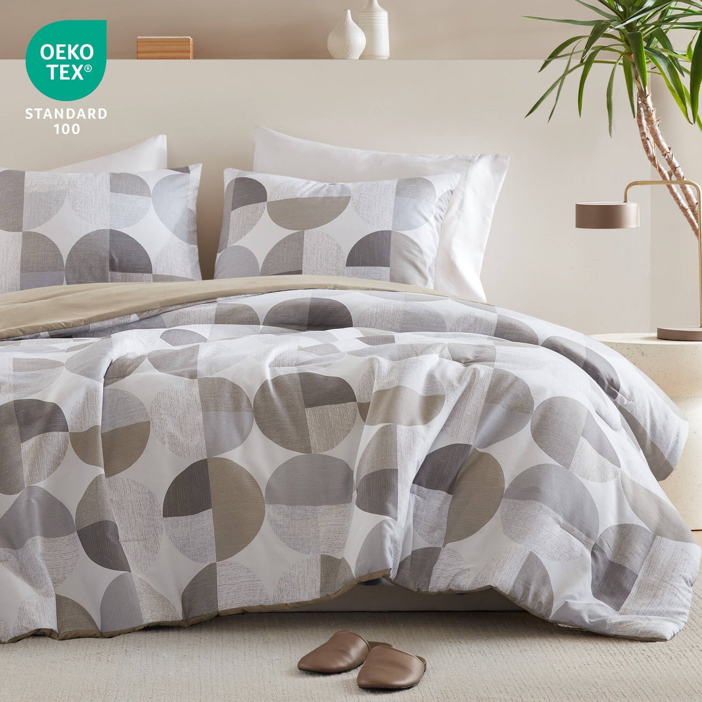 Heavyweight Warmth Full/Queen Size Comforter Set, Tan/Gray Bedding Set for All Seasons, 3-Piece Round Geometric Print Bedding Comforter Set - Hypoallergenic Ultra-Fluffy Quilt for Winter Detail