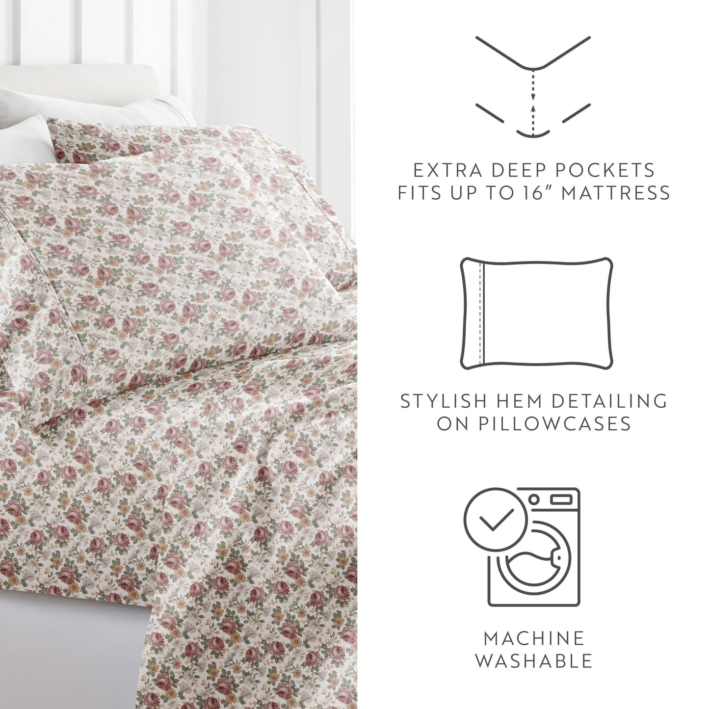 Wrinkle-Resistant 4 Piece Pattern Microfiber Bed Sheets Set, Blooming Floral Rose, Queen - Premium Ultra-Soft Pillowcase Pair for Sleeping Detail