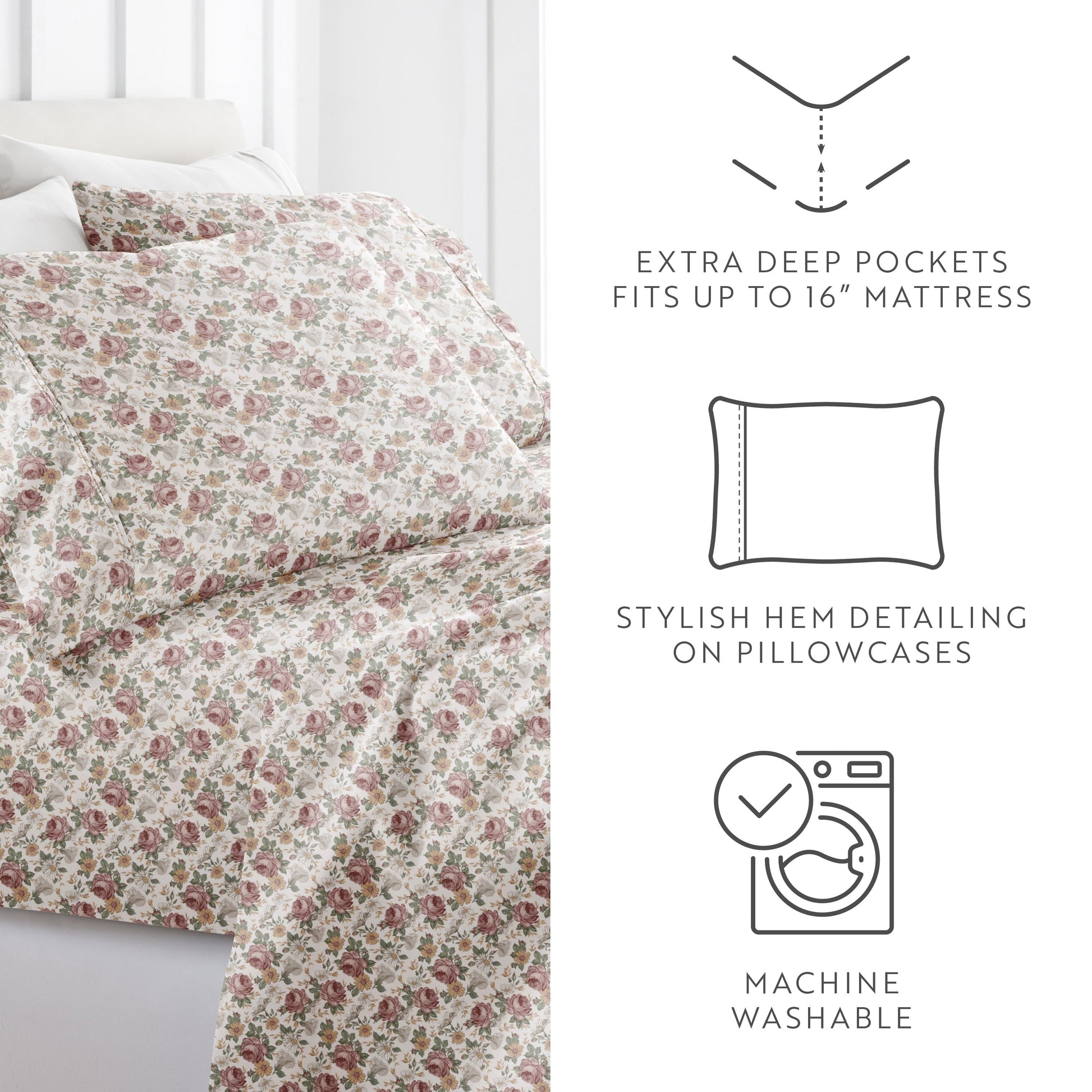Wrinkle-Resistant 4 Piece Pattern Microfiber Bed Sheets Set, Blooming Floral Rose, Queen - Premium Ultra-Soft Pillowcase Pair for Sleeping Detail