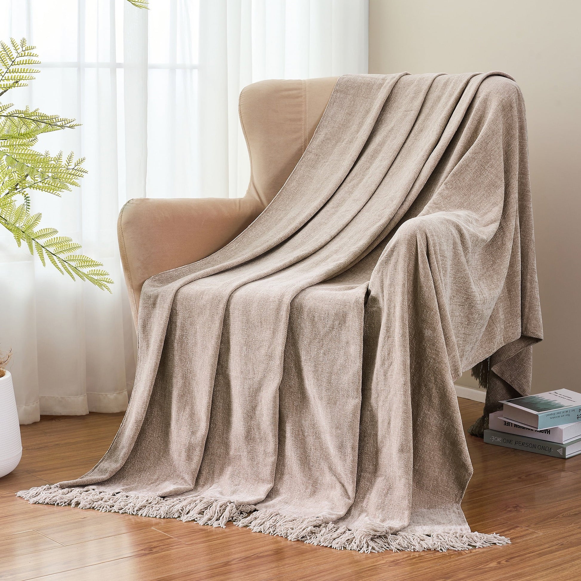 Lightweight Warm Chenille Throw Blanket with Fringe Tassel for Couch Sofa Chair Bed, Taupe 50" X 60" - Lightweight Plush Warm Blanket for All Seasons Detail