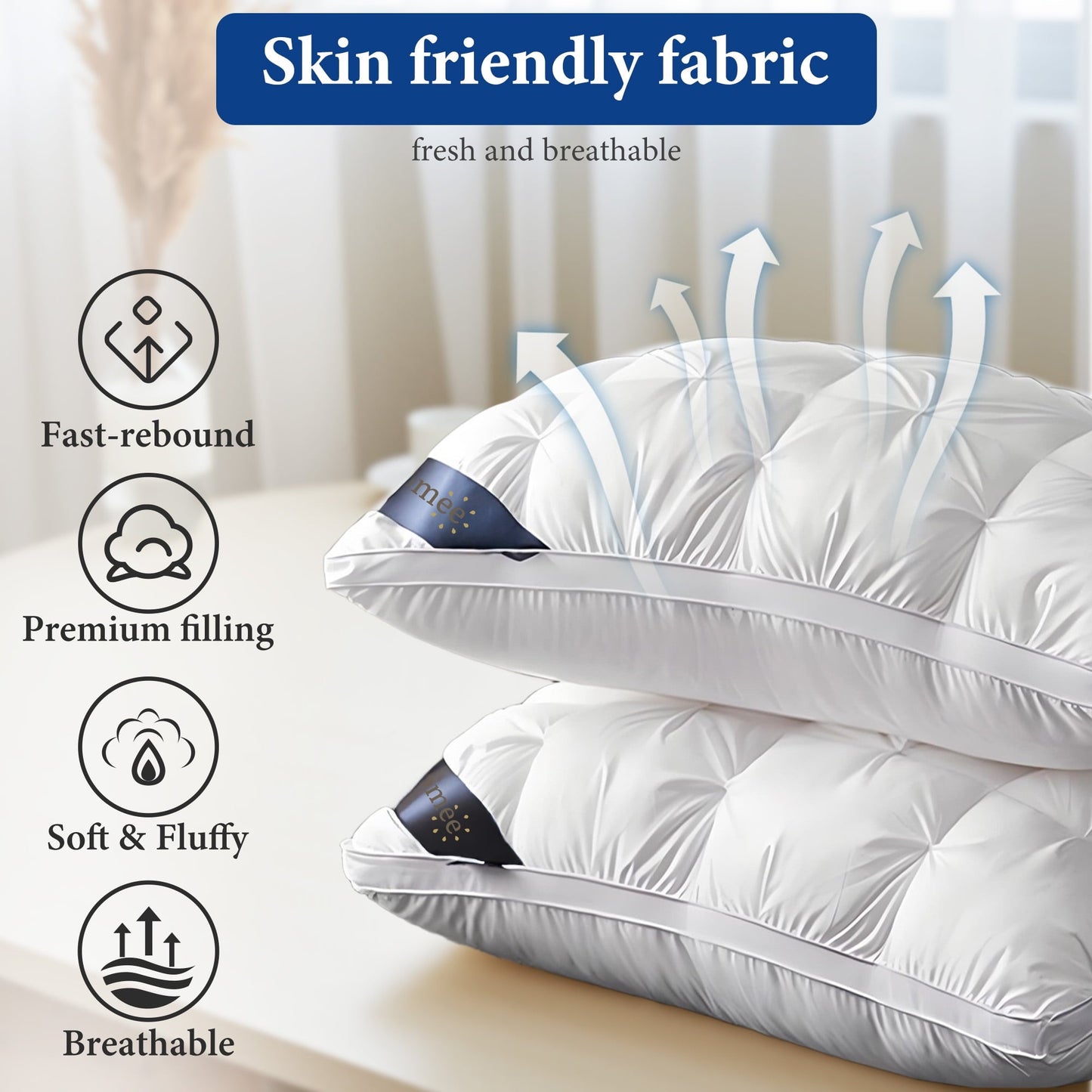 Orthopedic Support 2-Pack Luxurious Hotel-Quality ,Resistant to Flattening, All-Season,White - Decorative Throw Pillow Cushion for Sofa & Bed Detail