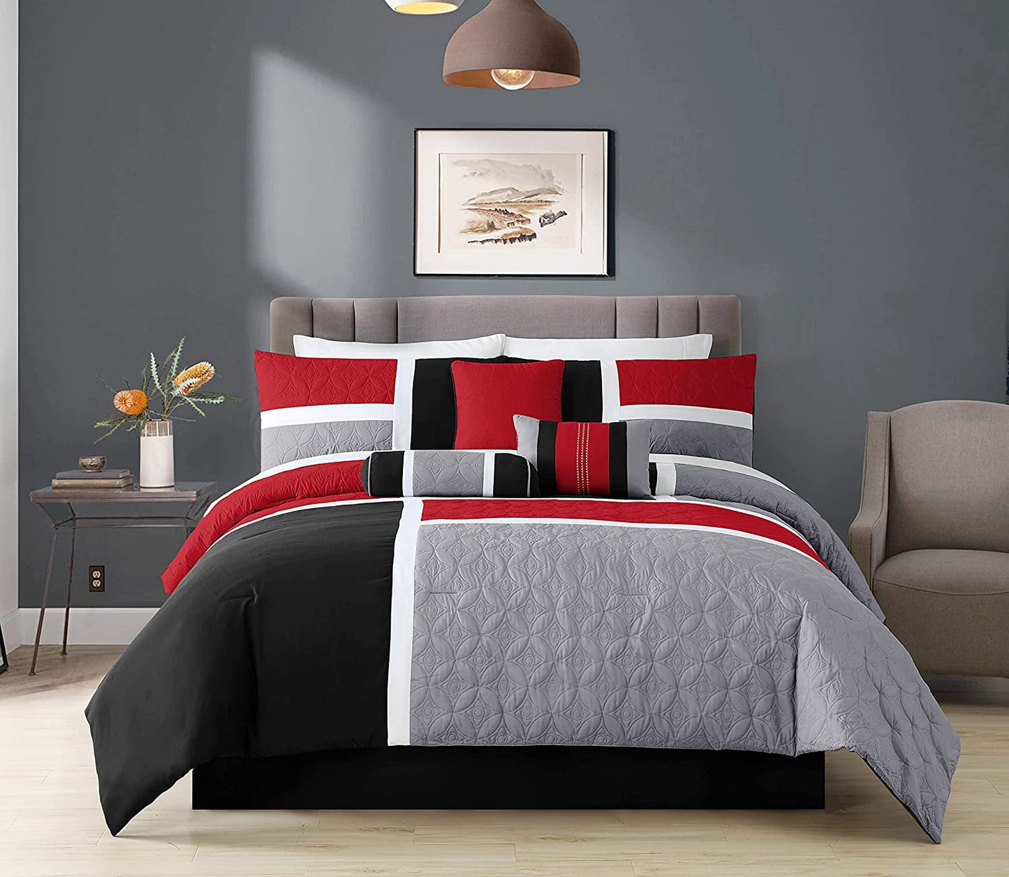 Fluffy Down Alternative 7-Piece Medallion Patchwork Comforter Set, Full, Red/Gray/Black - All-Season Down Alternative Comforter Insert Detail