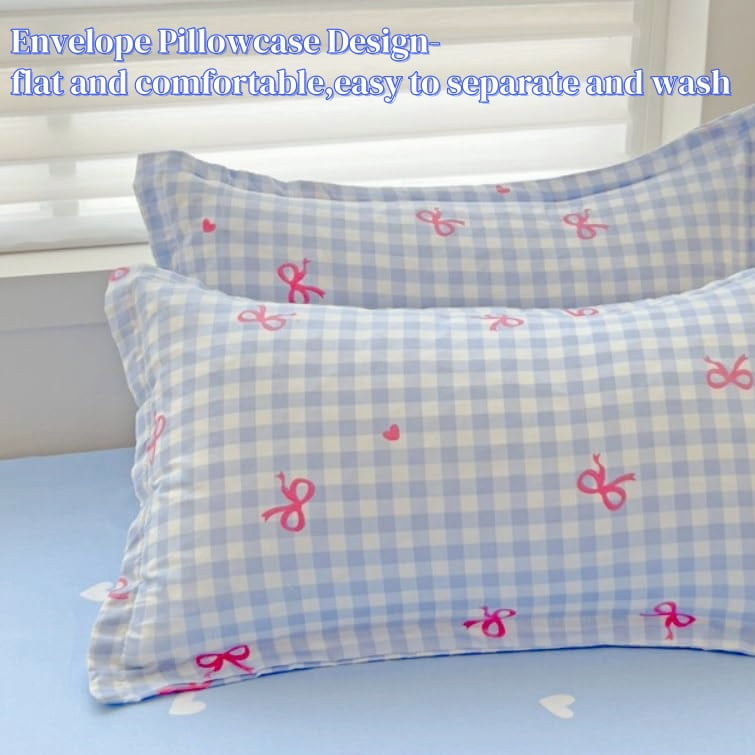 Luxurious Quilted 3-Piece Blue Plaid Pink Bows Comforter Full Set , Cute Soft Bedding Set for Kids Adults - Cloud-Like Soft Lightweight Bed Comforter Detail