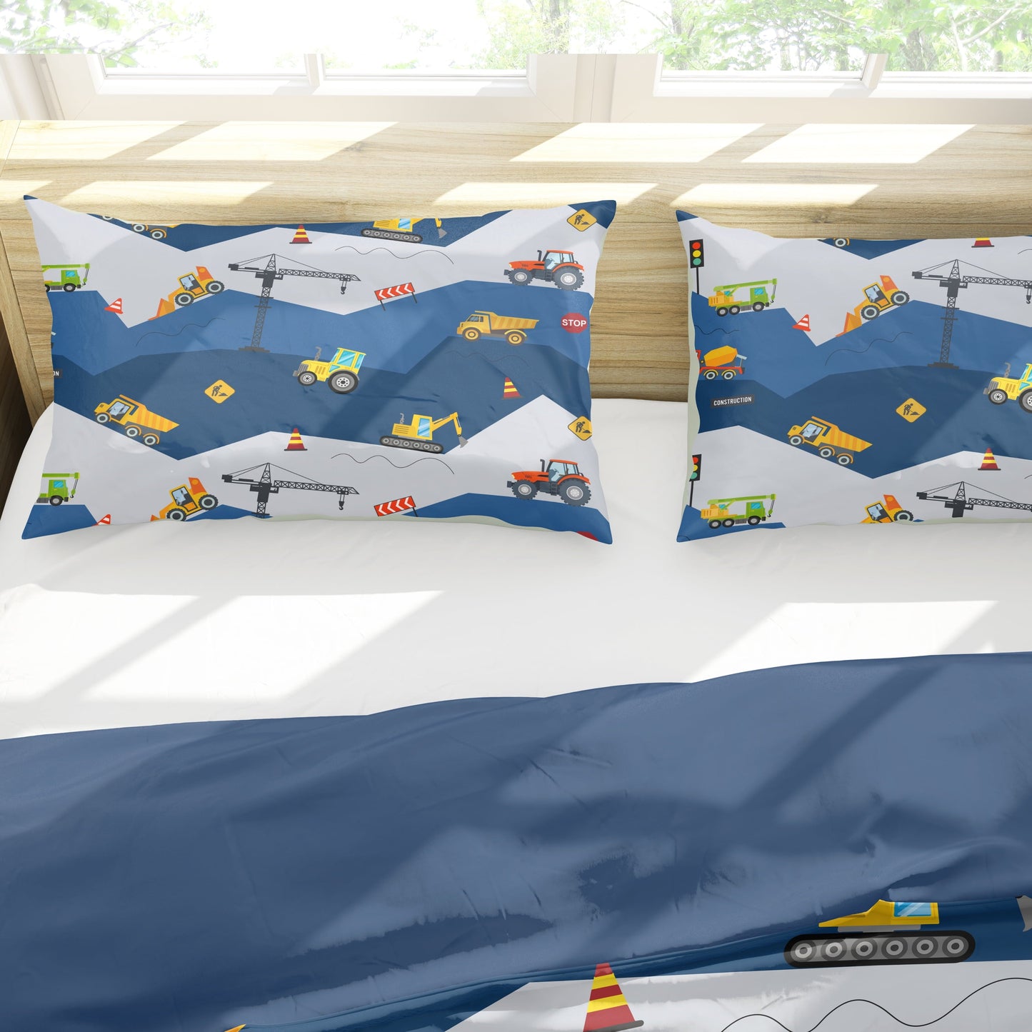 Fluffy Down Alternative Car Comforter Set Construction Bedding Set for Boys Kids Trucks Comforter Cartoon Car Excavator Tractor Blue 3Pcs Twin - Cloud-Like Soft Lightweight Bed Comforter Detail