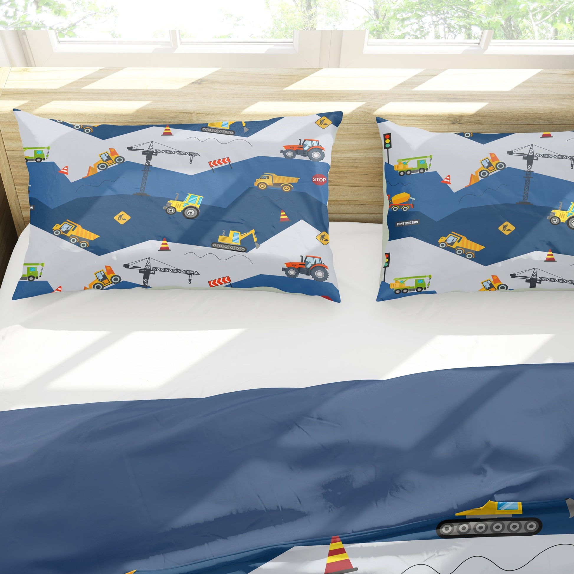 Fluffy Down Alternative Car Comforter Set Construction Bedding Set for Boys Kids Trucks Comforter Cartoon Car Excavator Tractor Blue 3Pcs Twin - Cloud-Like Soft Lightweight Bed Comforter Detail