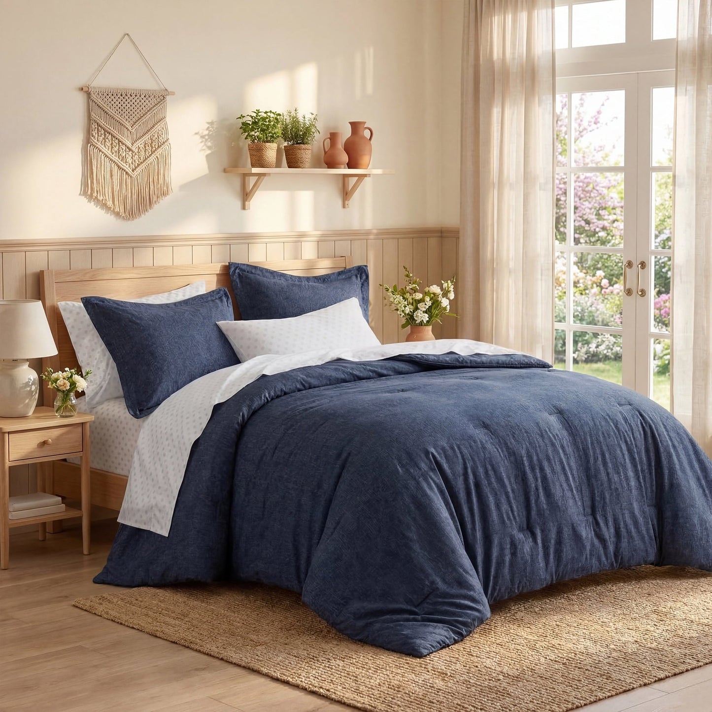 All-Season Queen Size Comforter Set, 7-Piece Reversible Bed in a Bag with Sheets, Navy - Hypoallergenic Ultra-Fluffy Quilt for Winter Detail