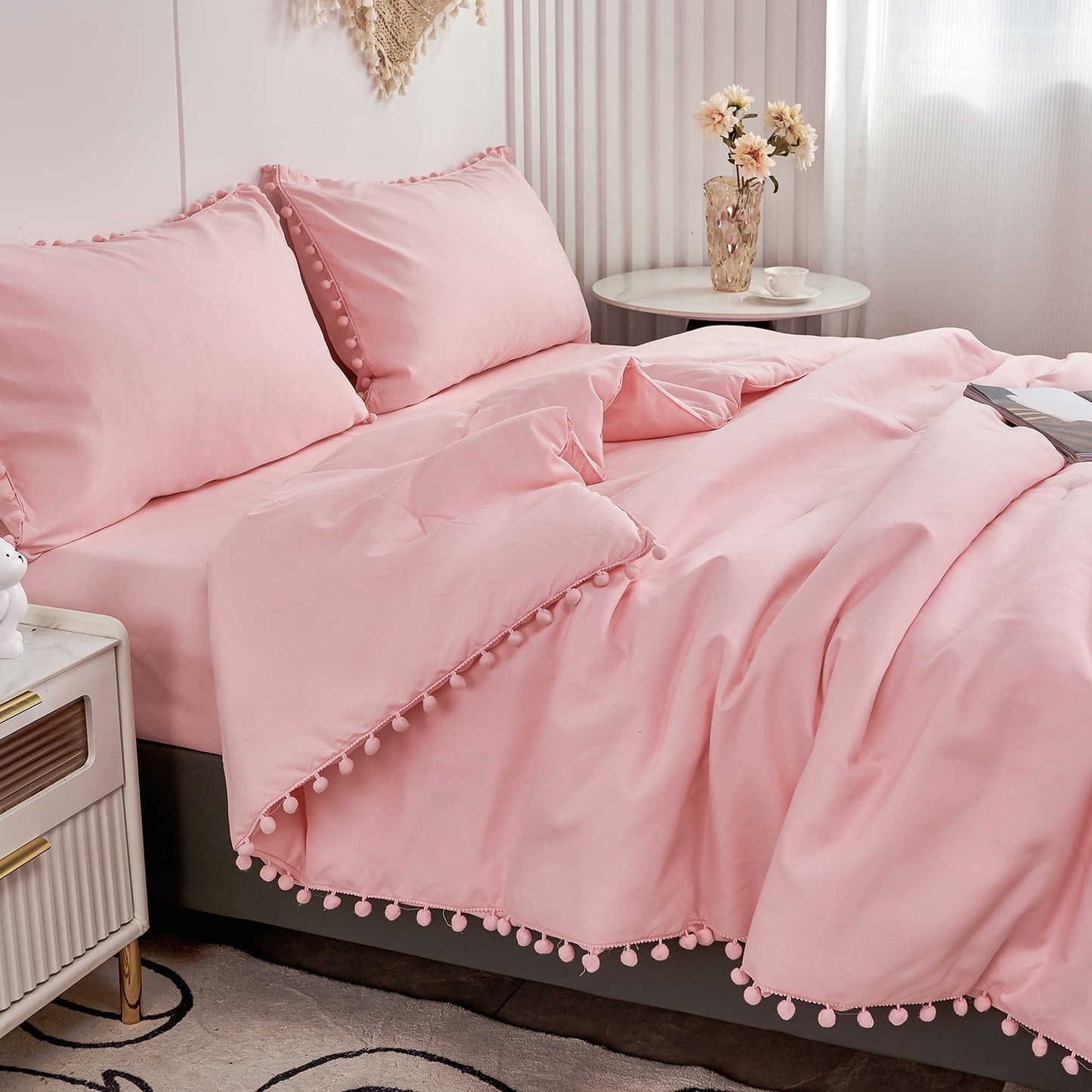 All-Season Pink Full Size Comforter Set Pom Fringe 3 Pcs Boho Chic Cute Ball Pom Blush Bedding Set Cali Soft Lightweight Solid B... - Cloud-Like Soft Lightweight Bed Comforter Detail