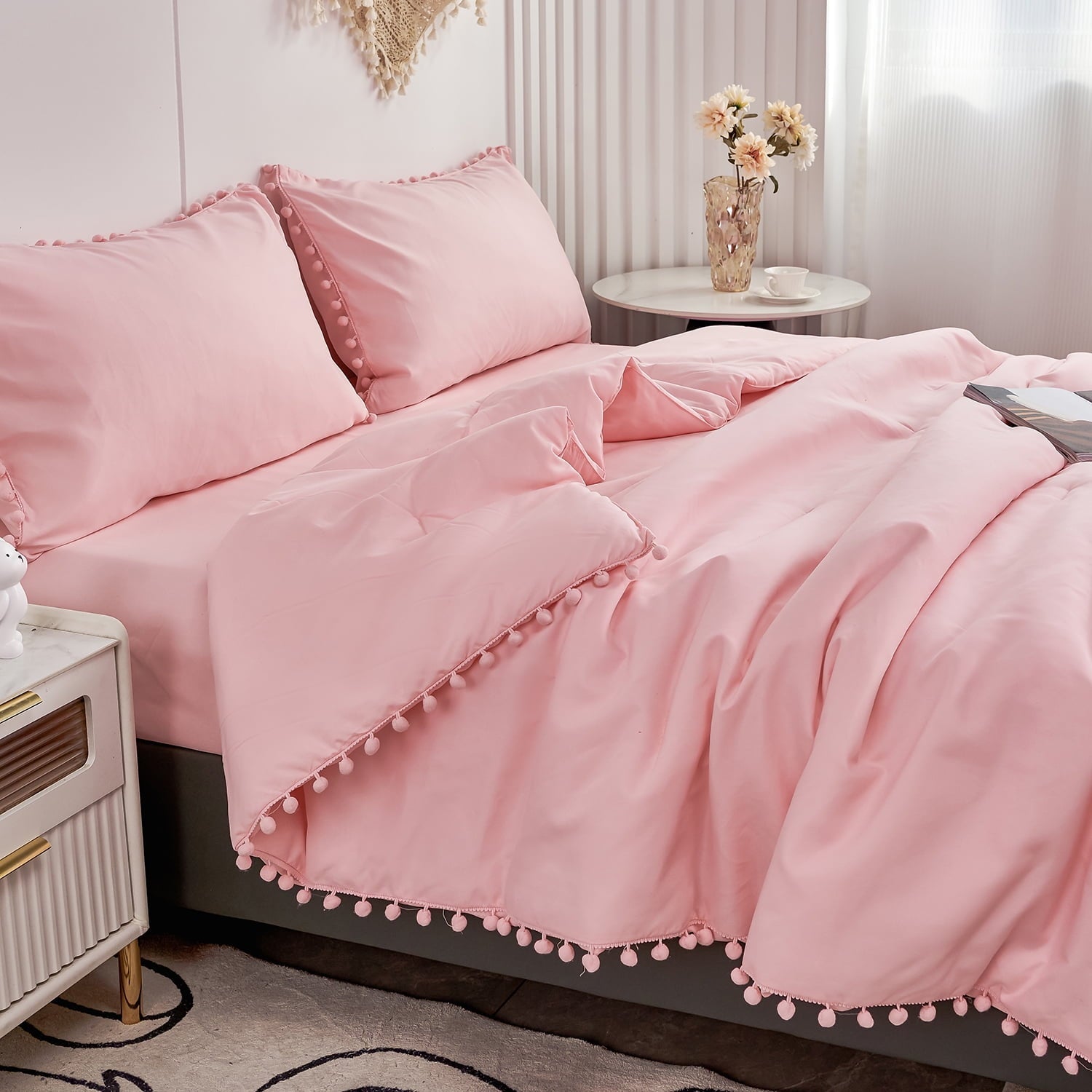 All-Season Pink Full Size Comforter Set Pom Fringe 3 Pcs Boho Chic Cute Ball Pom Blush Bedding Set Cali Soft Lightweight Solid B... - Cloud-Like Soft Lightweight Bed Comforter Detail