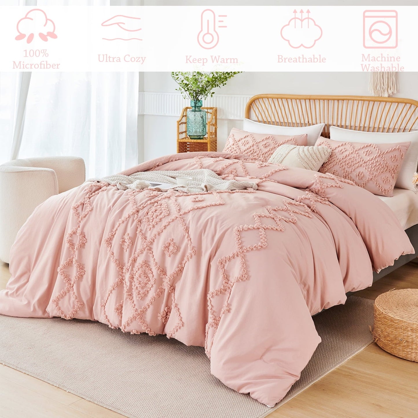 Luxurious Quilted Pink Diamond Jacquard Comforter Set Queen 3 Pcs Bohemian Tufts Quilt Set for Kids Girls Adult 100% Soft Microfiber Be... - Cloud-Like Soft Lightweight Bed Comforter Detail