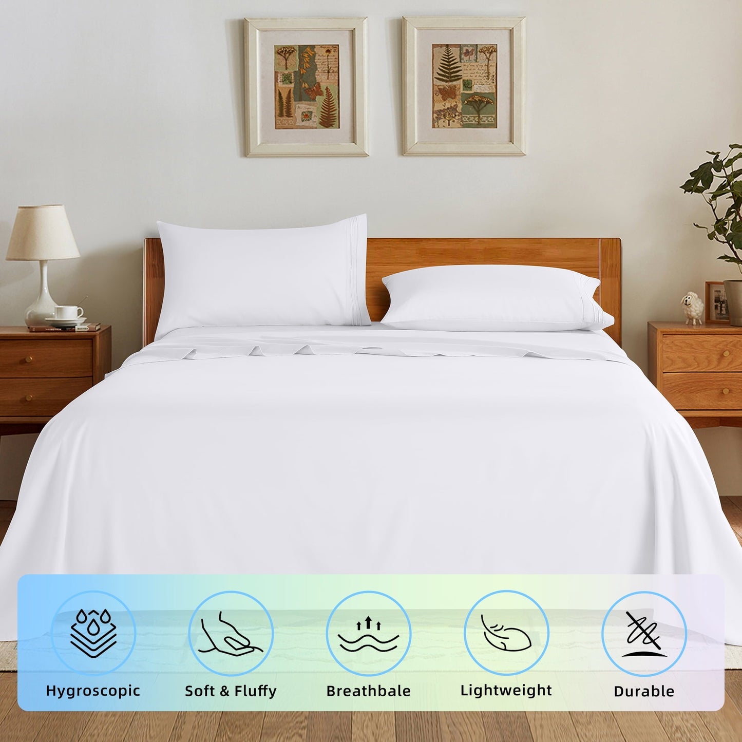 Premium Egyptian Cotton Bed Sheets Set, Microfiber Deep Pocket 4 Pieces Luxury Soft Sheet Set, Queen, White - Breathable Egyptian Cotton Flat & Fitted Sheets Detail