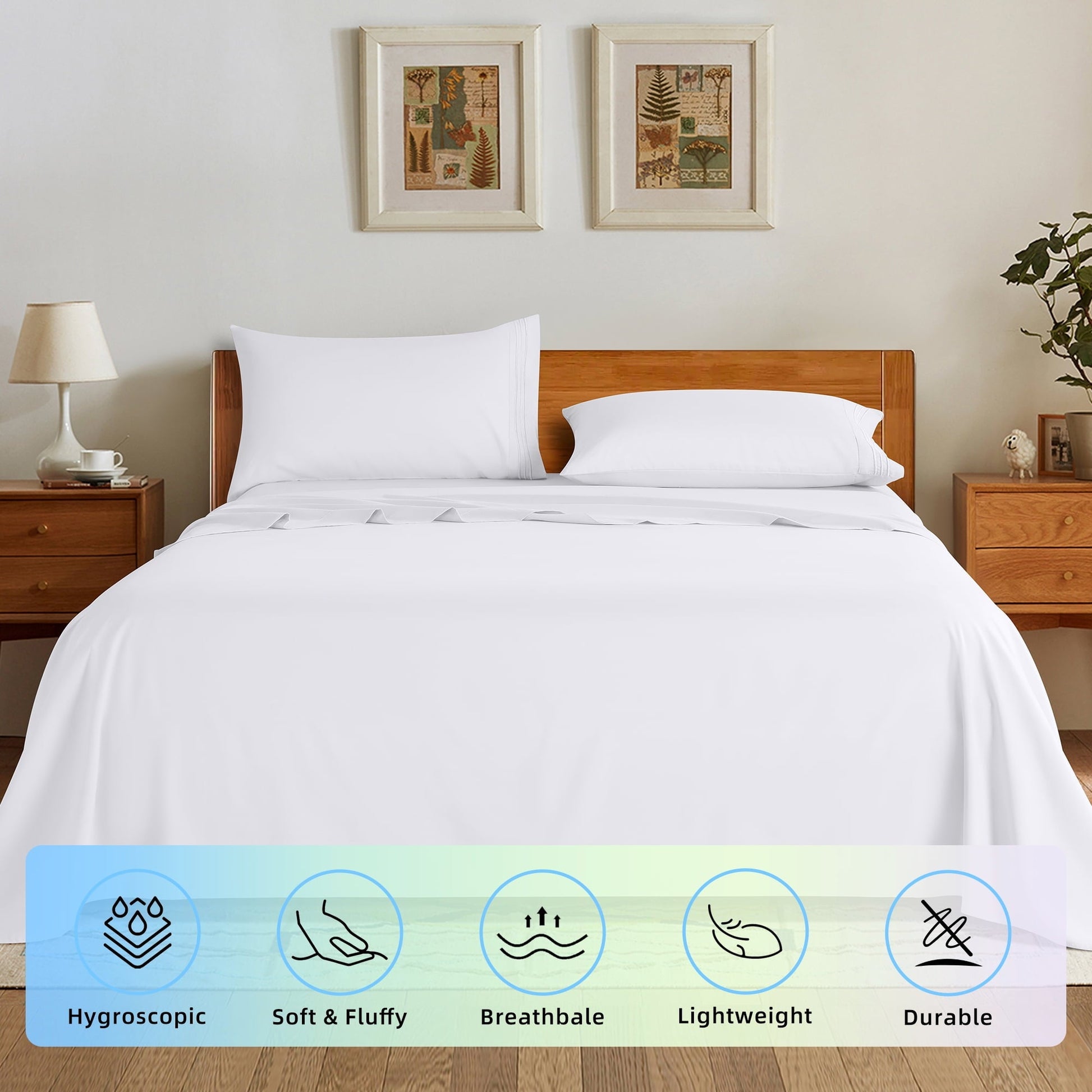 Premium Egyptian Cotton Bed Sheets Set, Microfiber Deep Pocket 4 Pieces Luxury Soft Sheet Set, Queen, White - Breathable Egyptian Cotton Flat & Fitted Sheets Detail