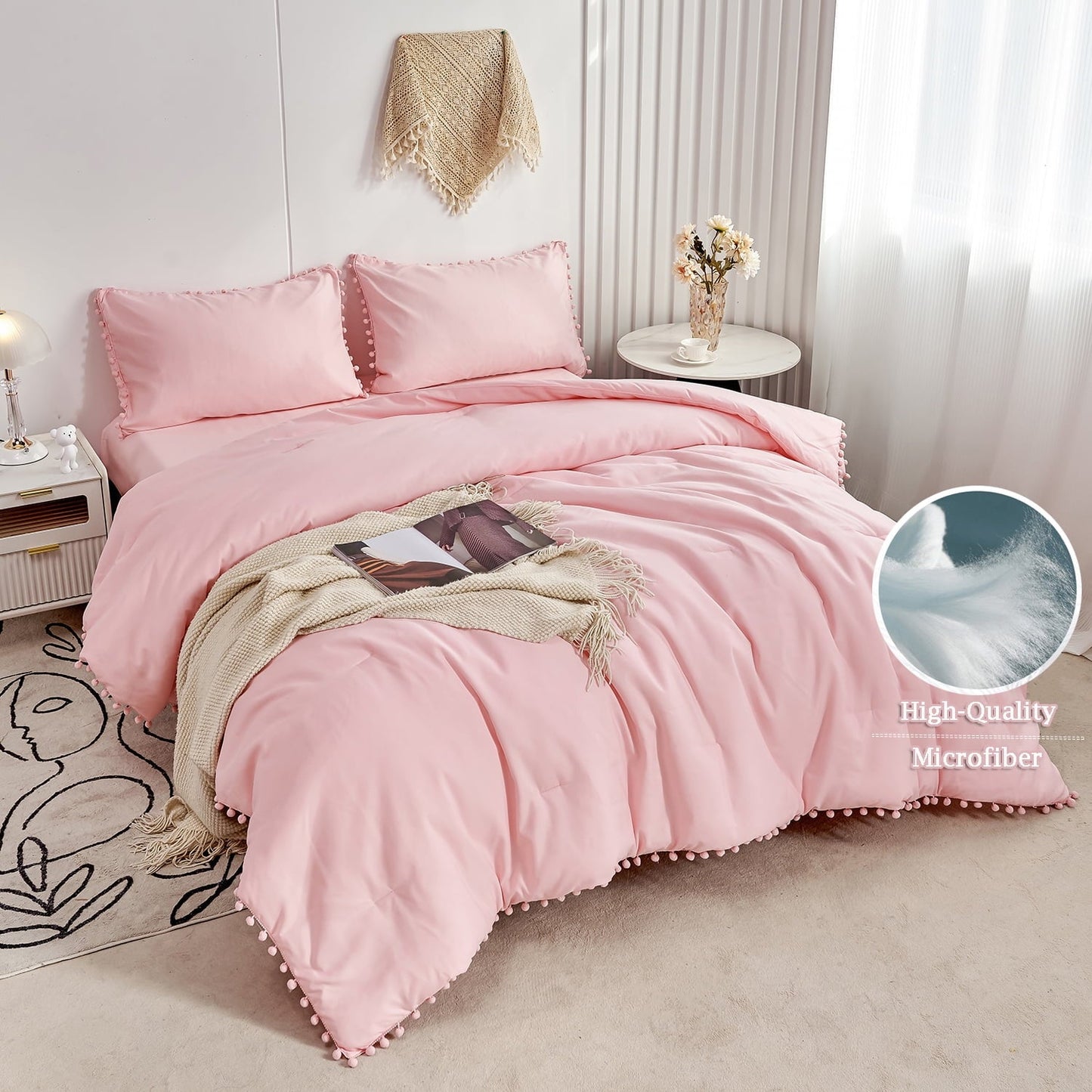 All-Season Pink Full Size Comforter Set Pom Fringe 3 Pcs Boho Chic Cute Ball Pom Blush Bedding Set Cali Soft Lightweight Solid B... - Cloud-Like Soft Lightweight Bed Comforter Detail