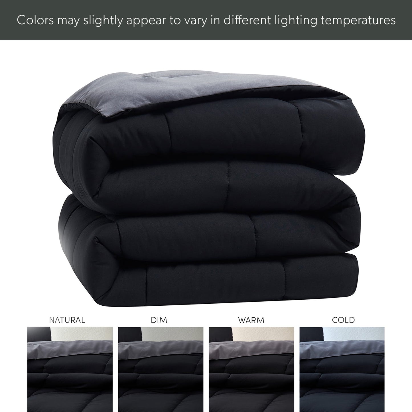Luxurious Quilted Queen Comforter Set, 3 Piece Bed in a Bag, Reversible Down Alternative Bedding Set, Black & Gray - All-Season Down Alternative Comforter Insert Detail