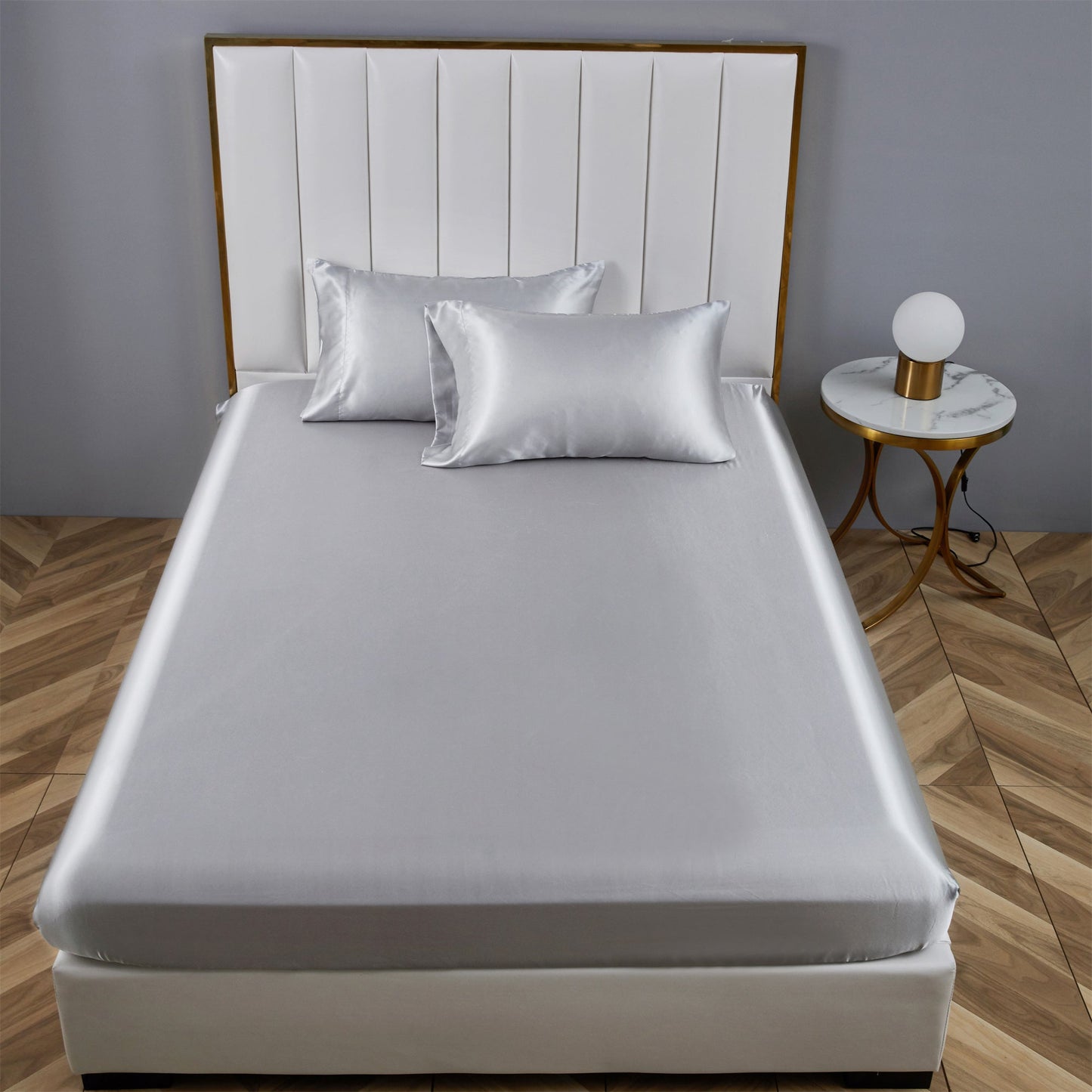 Premium Egyptian Cotton Satin Fitted Sheet King Size 14 Inch Deep Pocket Bed Sheet Silk Sheet Ultra Soft Machine Washable, Light Gray - Cooling Hotel Quality Bedding Sheets and Pillowcases Detail