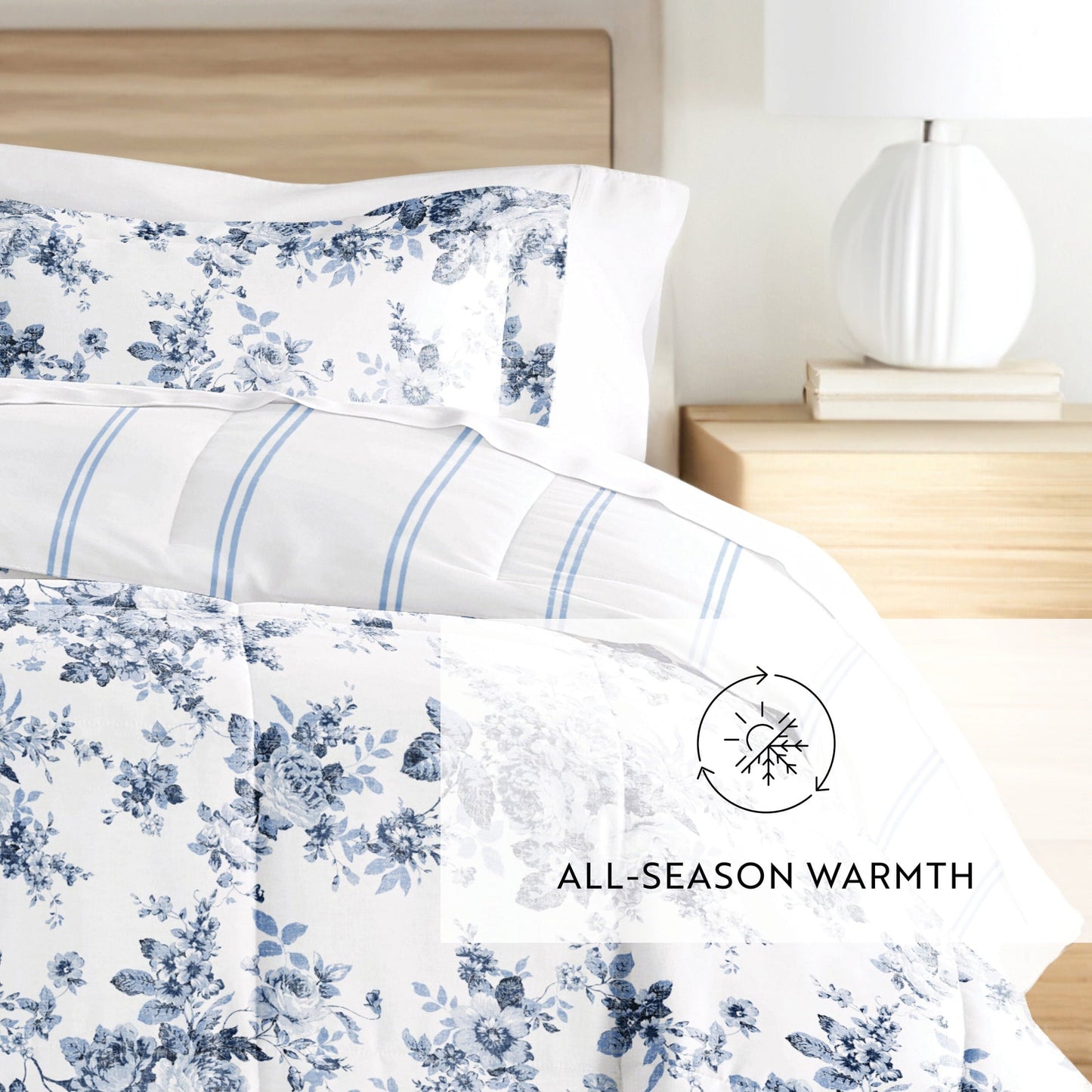 Hypoallergenic Cloud Down Alternative Cabbage Rose Stripe Stone Reversible Comforter Set - All-Season Down Alternative Comforter Insert Detail
