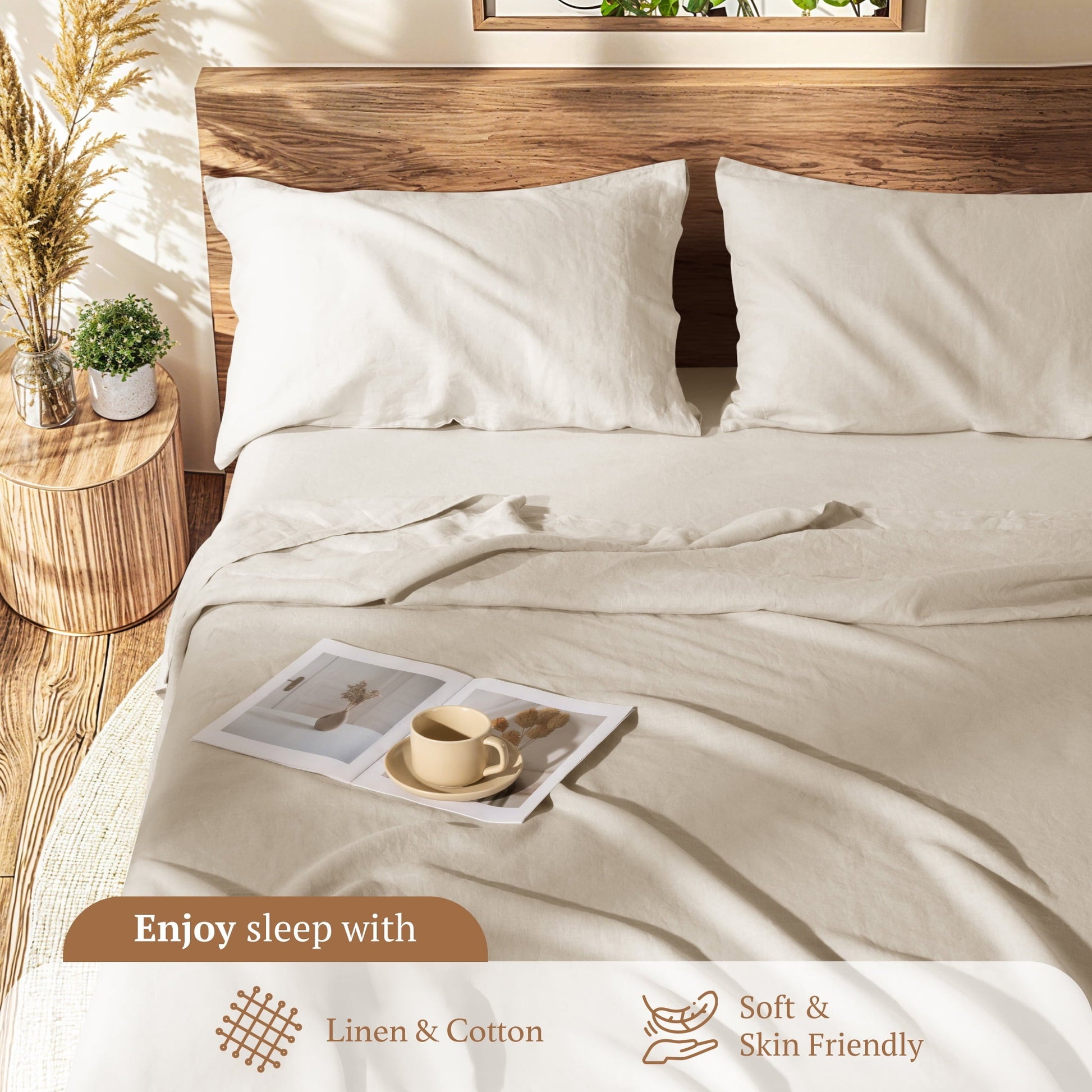 Breathable Luxury Natural Linen Cotton Bed Sheets Set, Deep Pocket - Breathable - Durable - 4 Pieces (Linen, Queen) - Breathable Egyptian Cotton Flat & Fitted Sheets Detail
