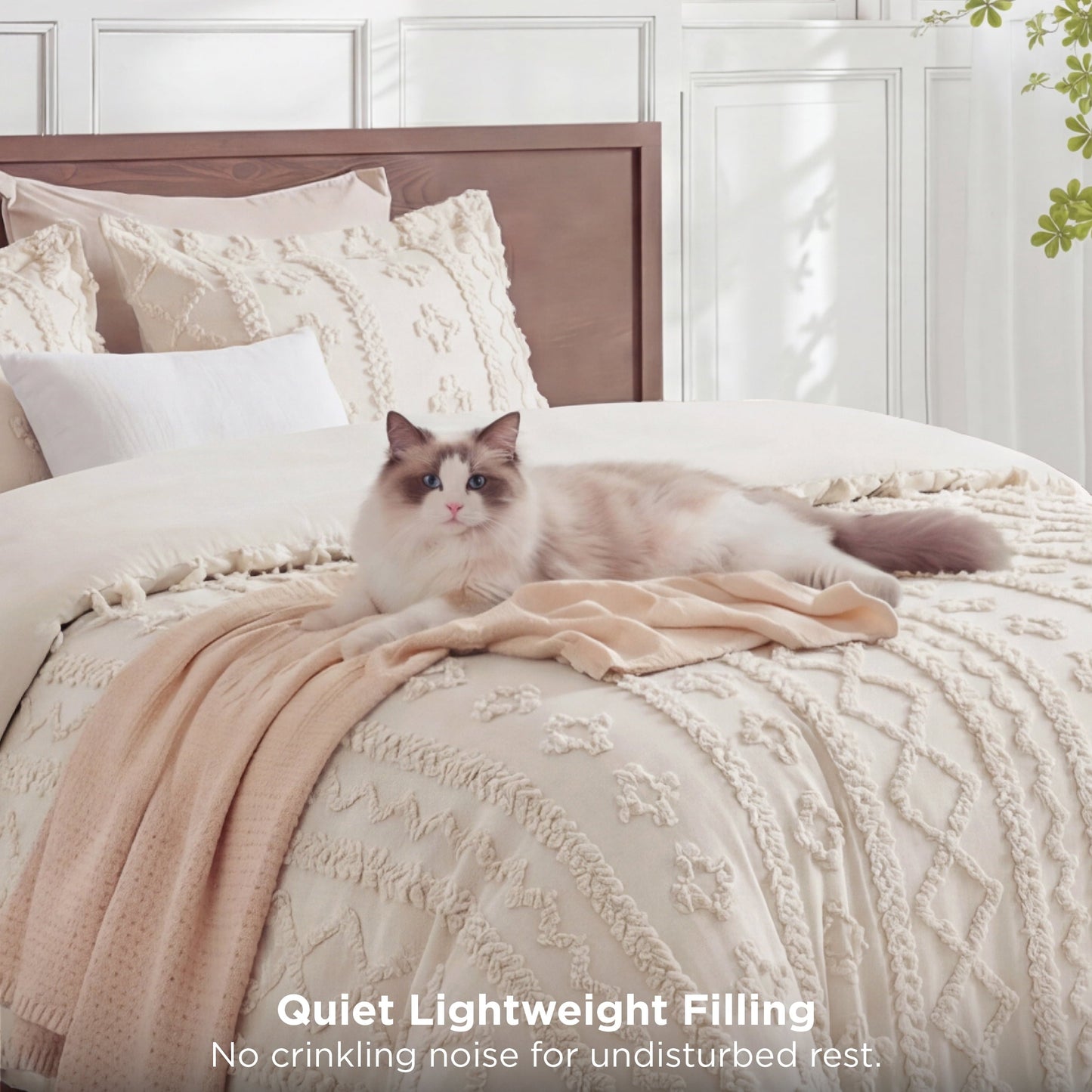 Hypoallergenic Cloud Tufted Boho Comforter Set Queen, Beige, 3 Pieces Farmhouse Shabby Chic Embroidery Bedding Set, Soft Jacquard Comforte... - Luxurious Quilted Duvet Cover Set Detail