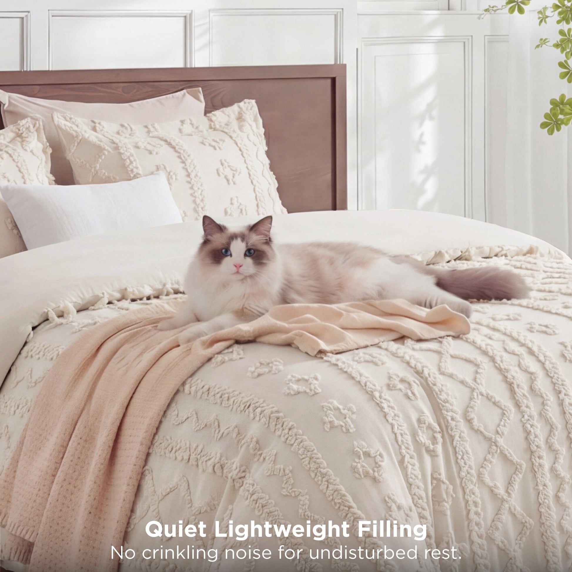 Hypoallergenic Cloud Tufted Boho Comforter Set Queen, Beige, 3 Pieces Farmhouse Shabby Chic Embroidery Bedding Set, Soft Jacquard Comforte... - Luxurious Quilted Duvet Cover Set Detail