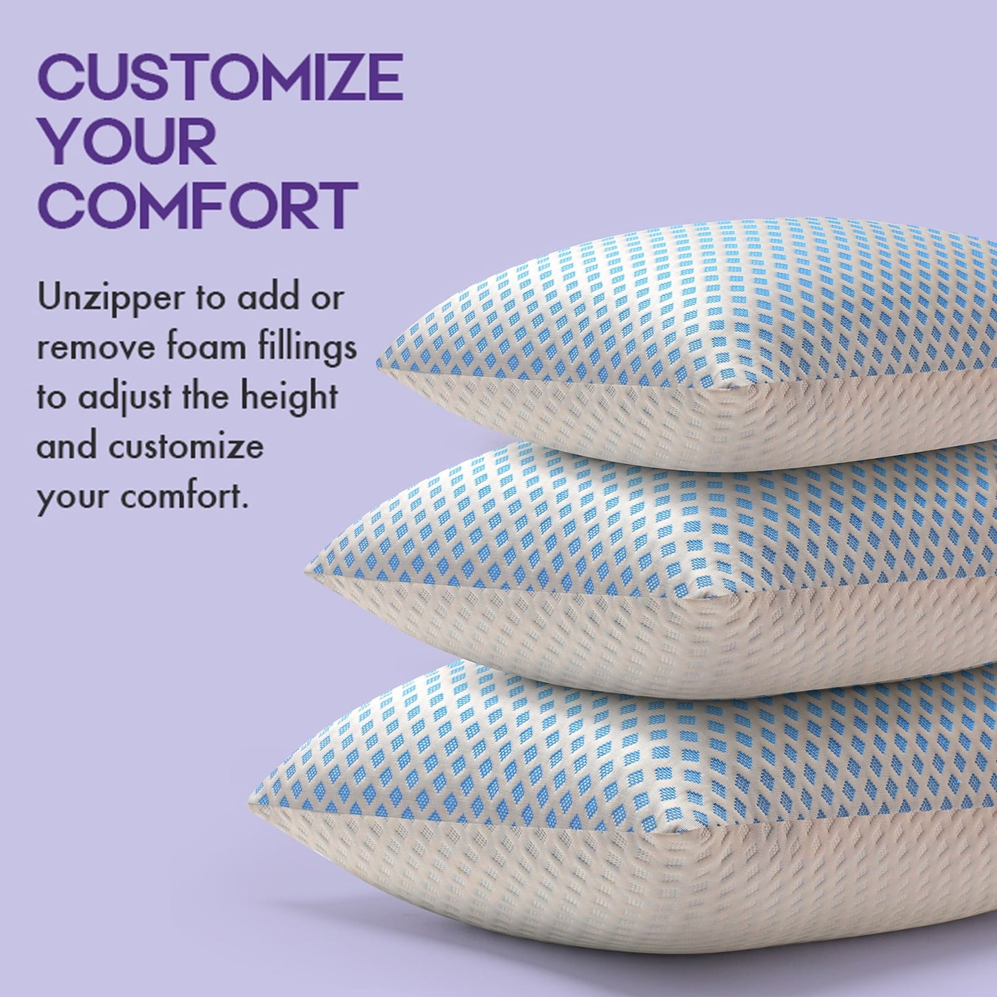 Decorative Plump Cooling Pillows for Bed Sleeping Shredded Memory Foam Pillows Queen Size Set of 2 Pack 20 x 30 inches - Hotel Quality Plush Sleeping Pillows Detail