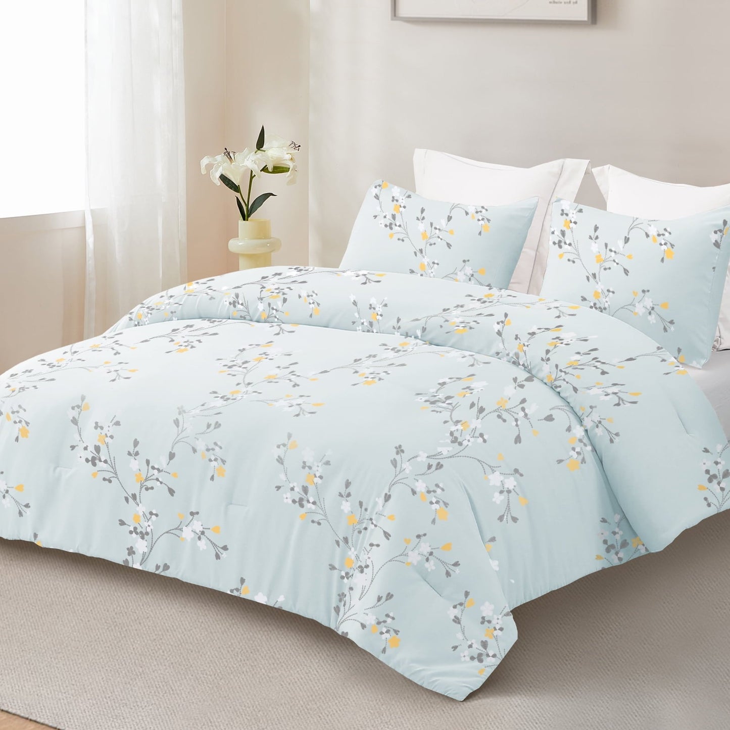 All-Season 3-Piece Floral King Size Comforter Set, Microfiber Bedding Down Alternative Comforter for All Seasons with 2 Pillow S... - Hypoallergenic Ultra-Fluffy Quilt for Winter Detail