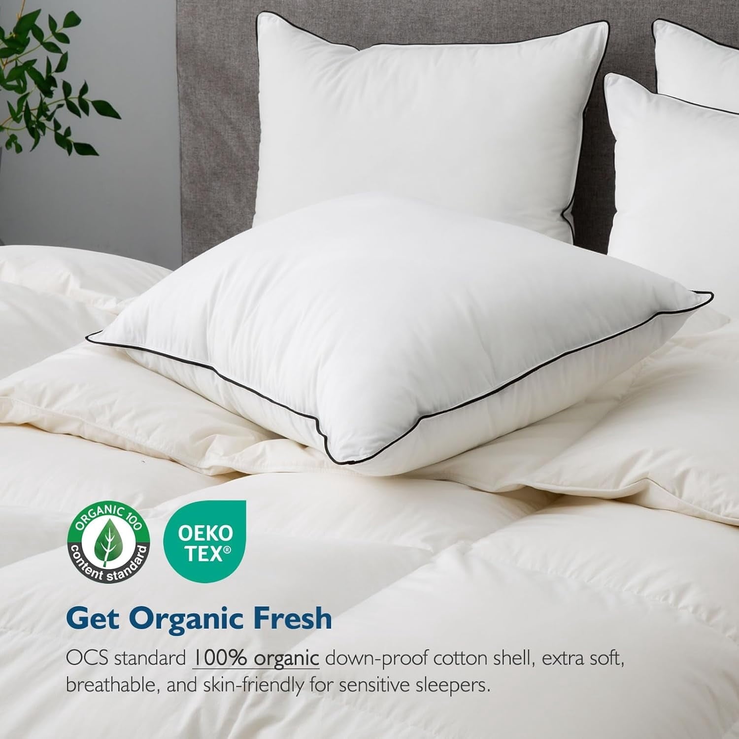 Ergonomic Memory Foam Hypoallergenic 3‑Chamber Goose Feather Down Core Bed Pillows, Standard Size Set of 2, With Microfiber Surround, Soft-... - Hotel Quality Plush Sleeping Pillows Detail