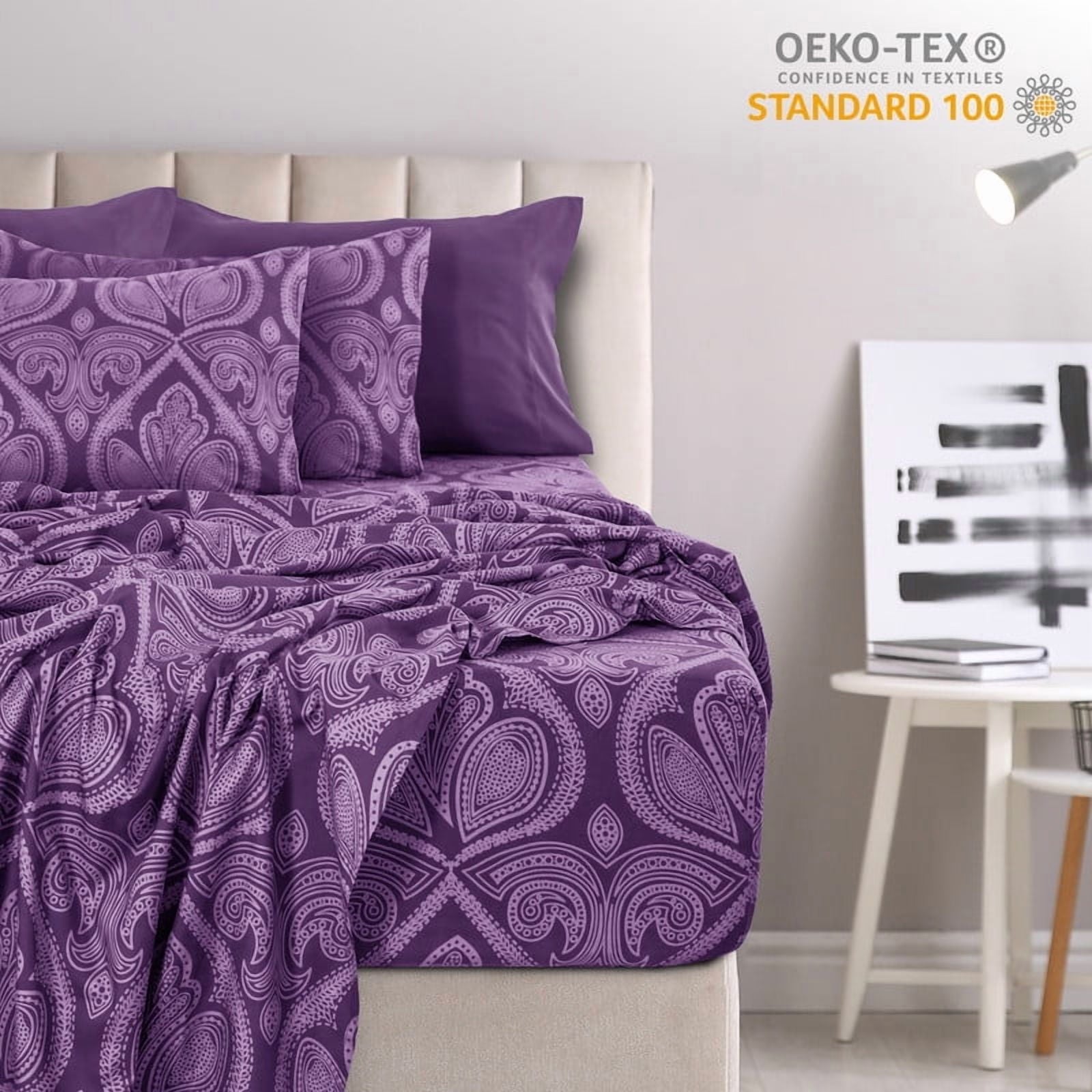 Premium Egyptian Cotton Paisley Printed Queen Bed Sheets Set, Microfiber 6 Piece Bedding Set - Purple - Premium Ultra-Soft Pillowcase Pair for Sleeping Detail
