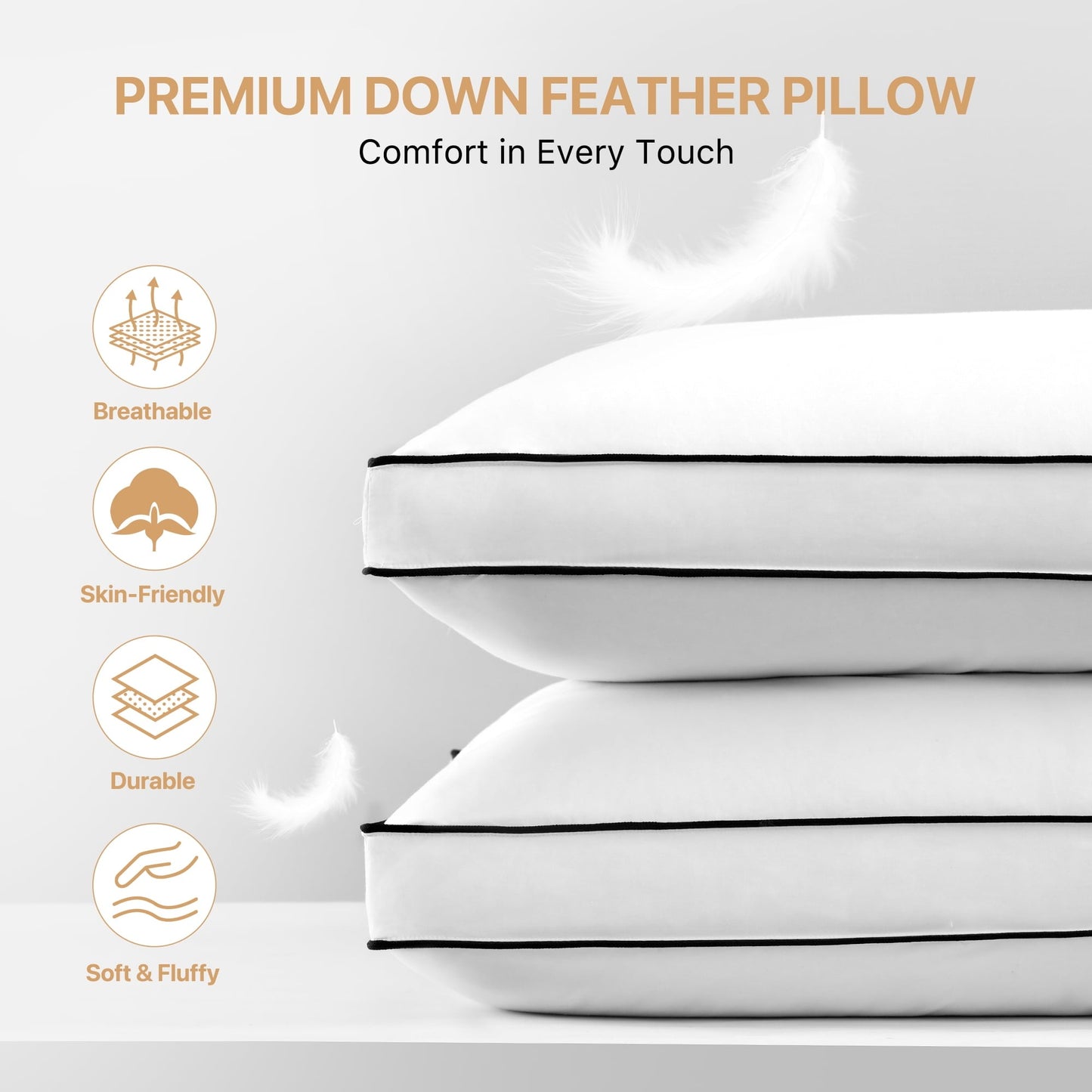 Hotel Collection Gusseted Feather Down Pillow Set of 2, Medium Firm Hotel Bed Pillows 2 Pack, Queen Size for Side Sleepers, 20 x 30 in - Decorative Throw Pillow Cushion for Sofa & Bed Detail