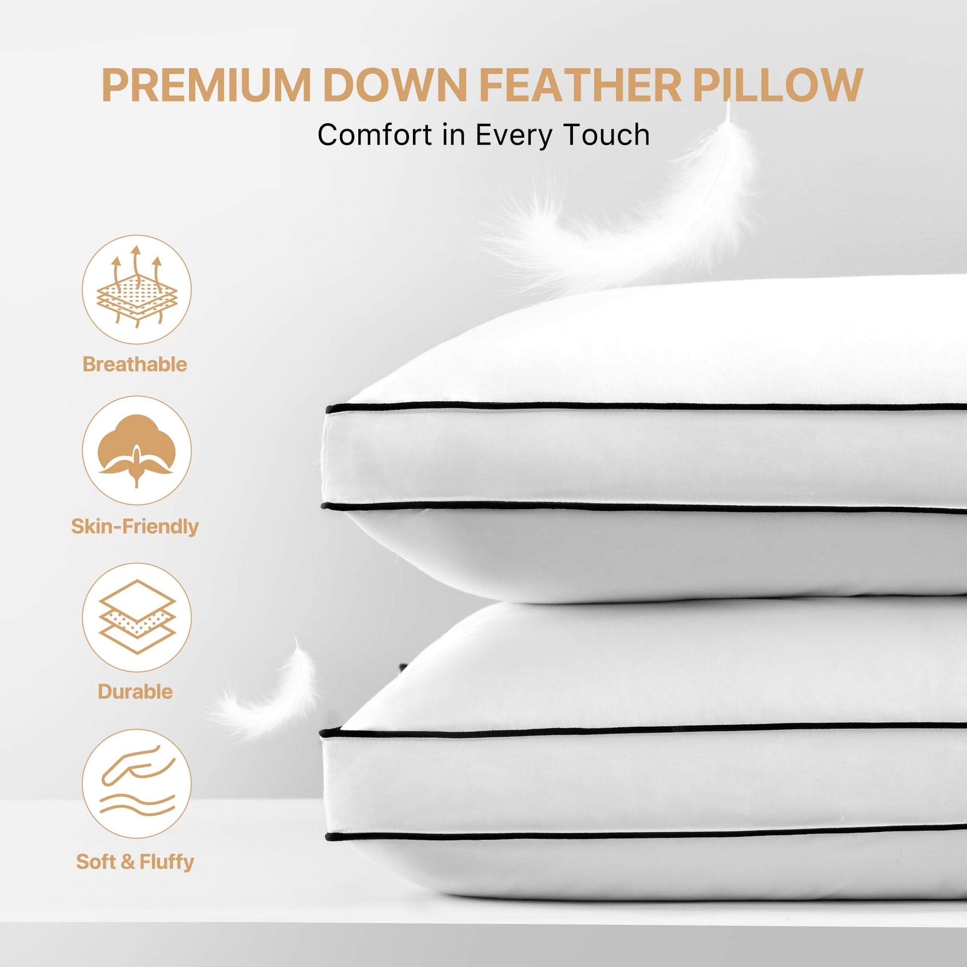 Hotel Collection Gusseted Feather Down Pillow Set of 2, Medium Firm Hotel Bed Pillows 2 Pack, Queen Size for Side Sleepers, 20 x 30 in - Decorative Throw Pillow Cushion for Sofa & Bed Detail