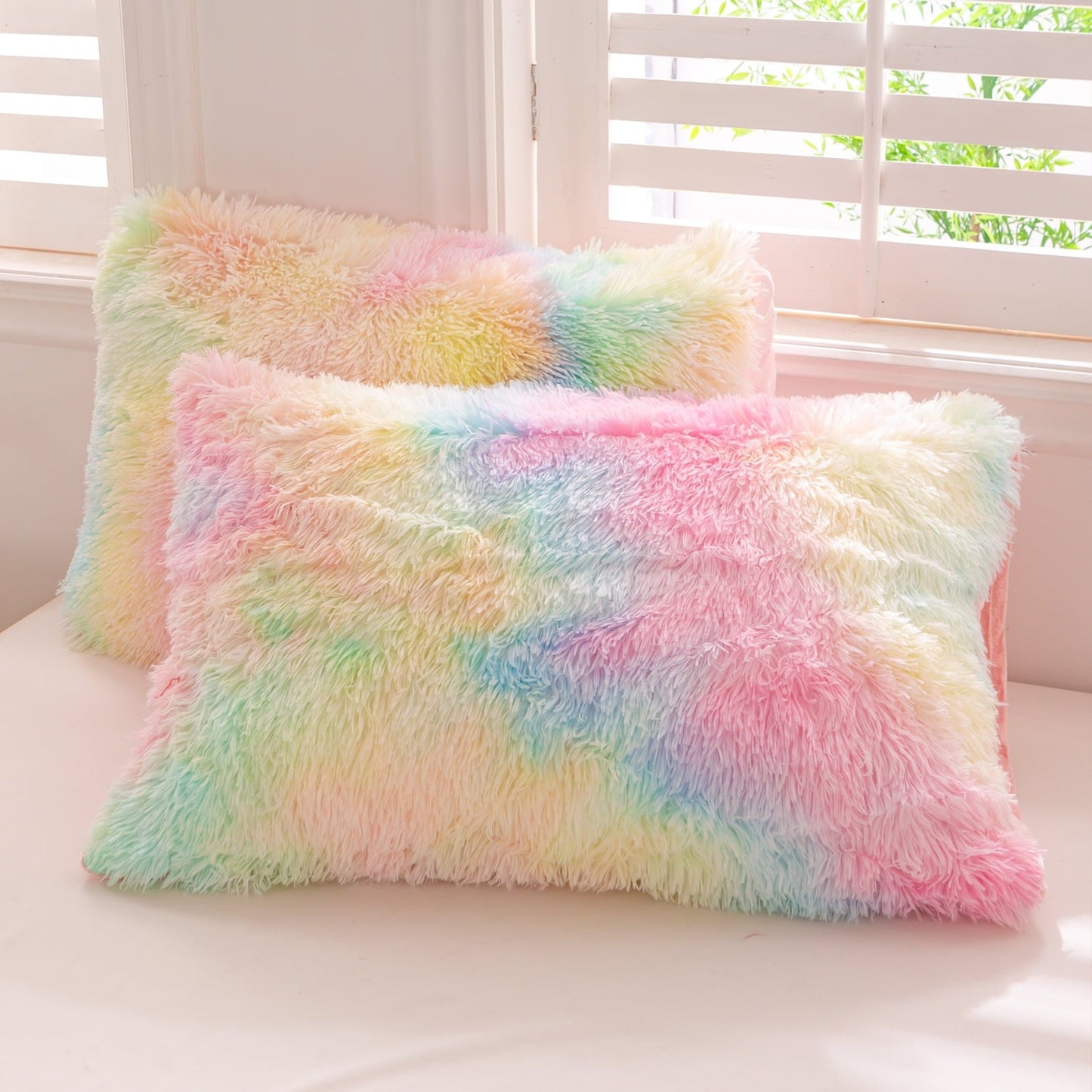 Fluffy Down Alternative 3Pcs Pink Faux Fur Twin Comforter Set for Girls Tie Dye Rainbow Kid Bed Set Plush Shaggy Bedding Sets Fuzzy Bed Comfo... - Hypoallergenic Ultra-Fluffy Quilt for Winter Detail