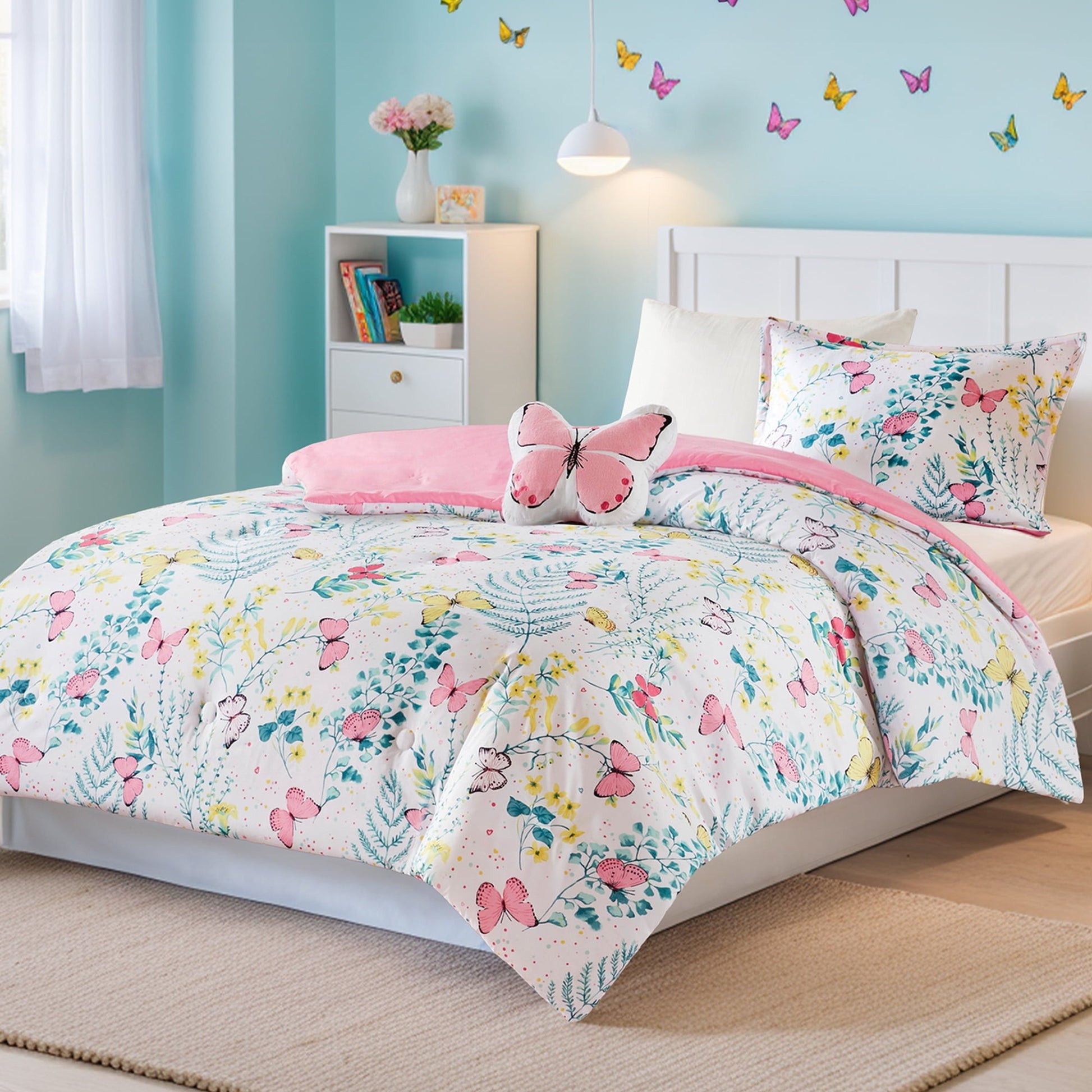 Heavyweight Warmth Full/Queen Size Comforter Sets, 4-Piece Kids Bedding Set for Girls, Butterfly Floral Comforter Bed Set, White/Pink - Cloud-Like Soft Lightweight Bed Comforter Detail