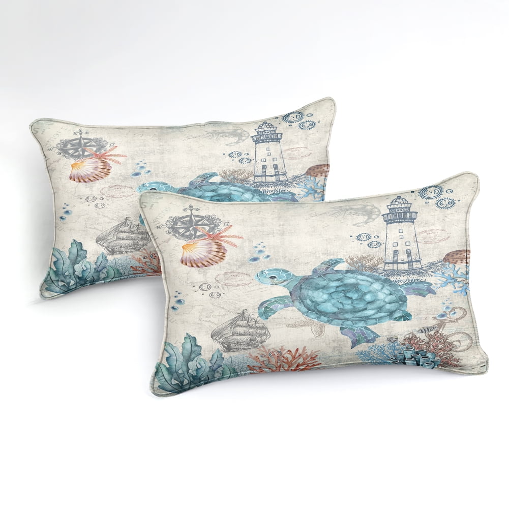 Fluffy Down Alternative Sea Turtle Comforter Set Queen Ocean Beach Bedding Set Soft and Lightweight Retro Style Design Coastal Bedding Set - Luxurious Quilted Duvet Cover Set Detail