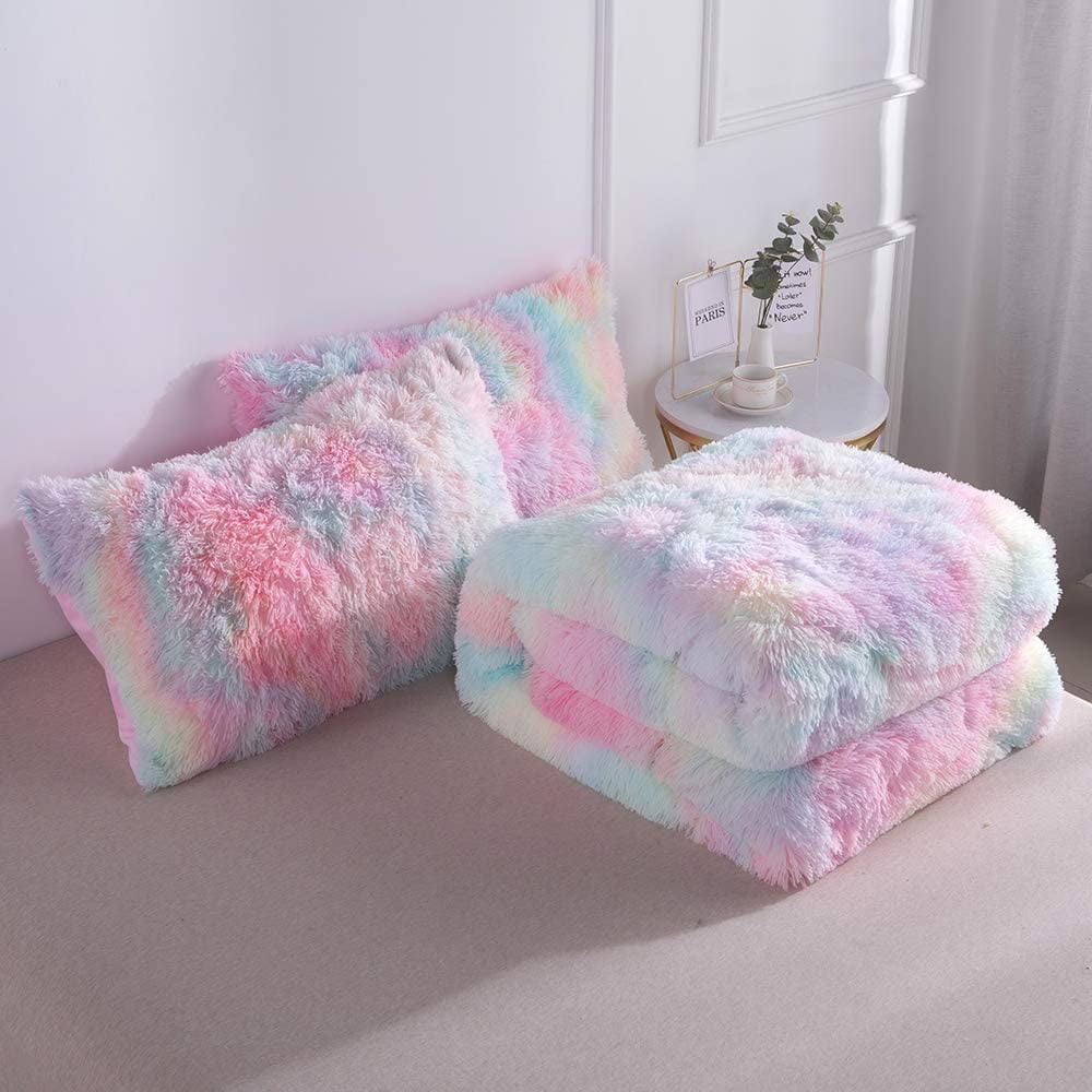 Hypoallergenic Cloud Plush Shaggy Comforter Set Fluffy Fuzzy Faux Fur Bedding Set - Microfiber Soft Warm Quilt Set(Rainbow Pink,Queen Size) - Hypoallergenic Ultra-Fluffy Quilt for Winter Detail