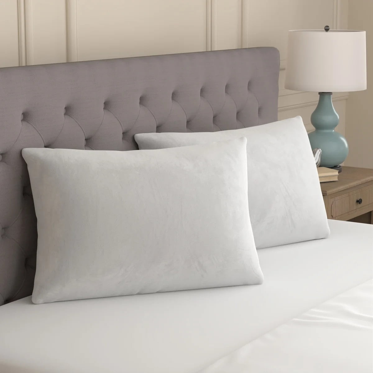 Hotel Collection Huggable Support Bed Pillow, Standard- Soft Velvety Cover, Squishable Comfort (2 Count) - Orthopedic Shredded Foam Bed Pillow Set Detail