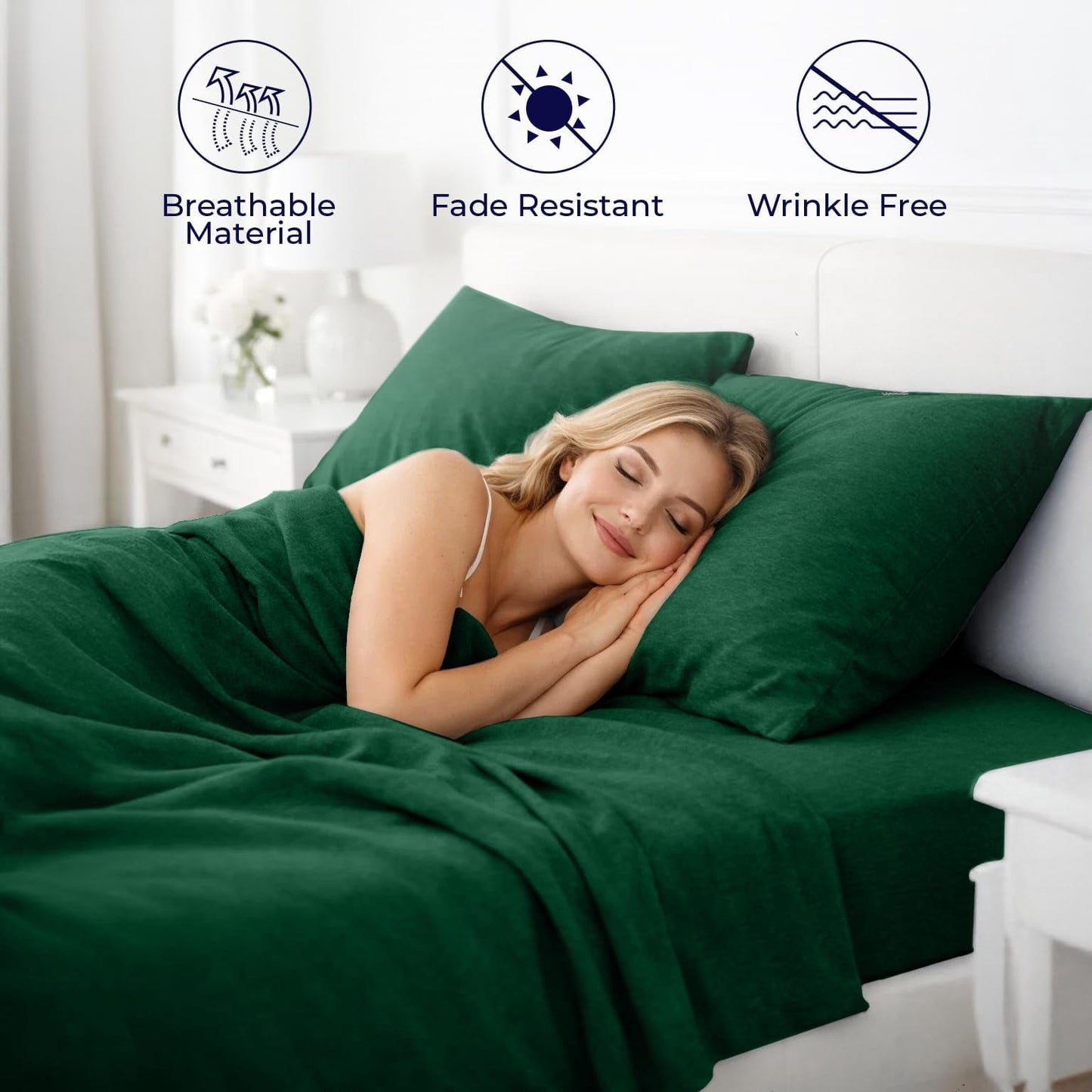 Breathable Luxury Bed Sheet Set Twin 3 Piece Hunter Green Breathable Soft Cotton Jersey Sheets with Deep Pockets, Unisex - Cooling Hotel Quality Bedding Sheets and Pillowcases Detail