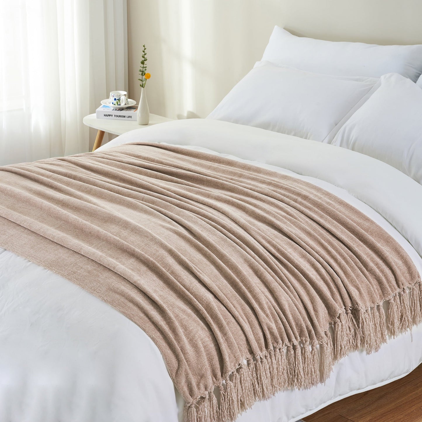 Lightweight Warm Chenille Throw Blanket with Fringe Tassel for Couch Sofa Chair Bed, Taupe 50" X 60" - Lightweight Plush Warm Blanket for All Seasons Detail