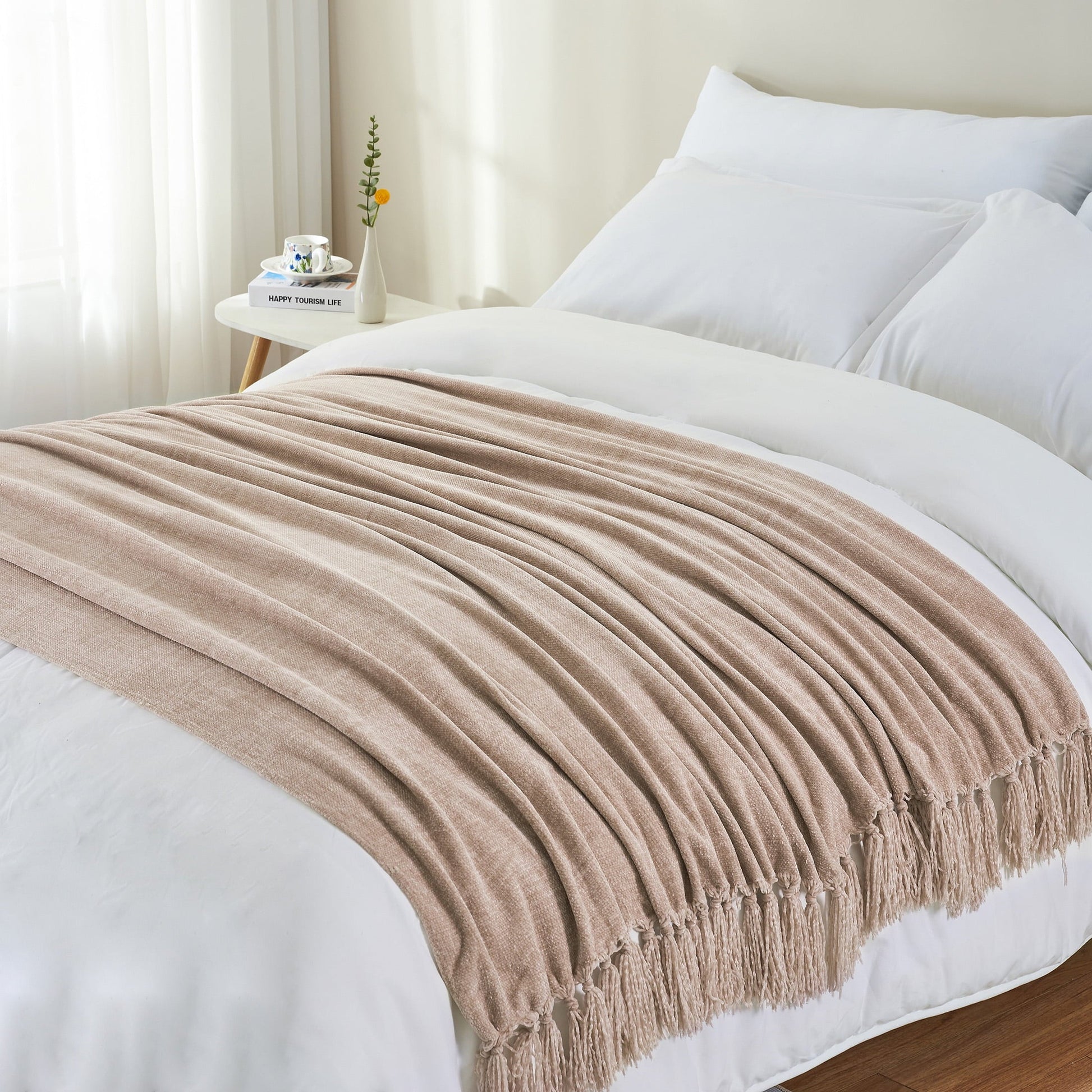 Lightweight Warm Chenille Throw Blanket with Fringe Tassel for Couch Sofa Chair Bed, Taupe 50" X 60" - Lightweight Plush Warm Blanket for All Seasons Detail